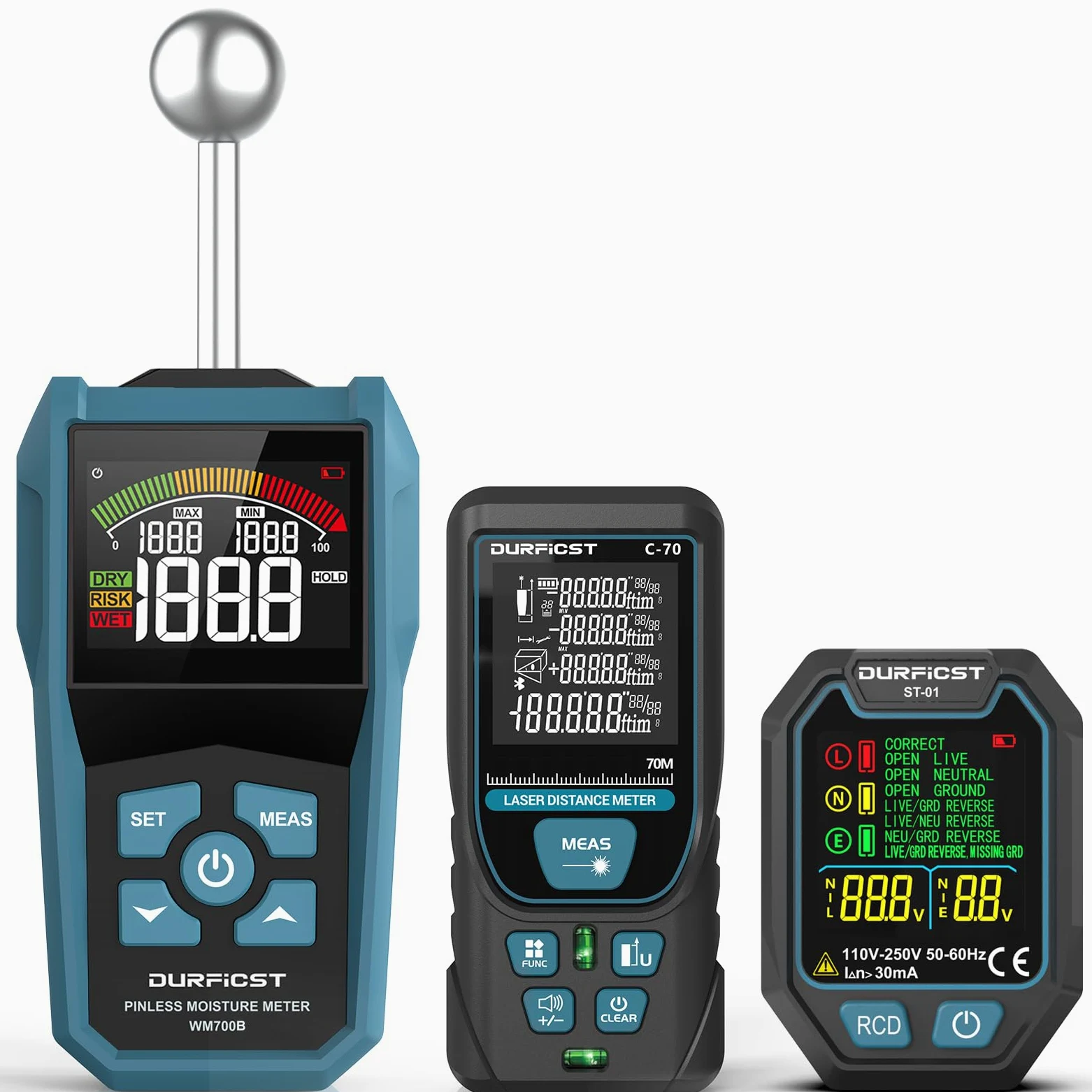 Zestaw do testowania domu DURFICST, miernik wilgotności, dalmierz laserowy i tester gniazdek, wykrywanie wilgoci 20-40 mm, miernik laserowy 70 m, tester gniazdek z funkcją RCD | Miernik wilgotności wykrywa 20-40 mm, dalmierz 70 m z 4 jednostkami, tester g