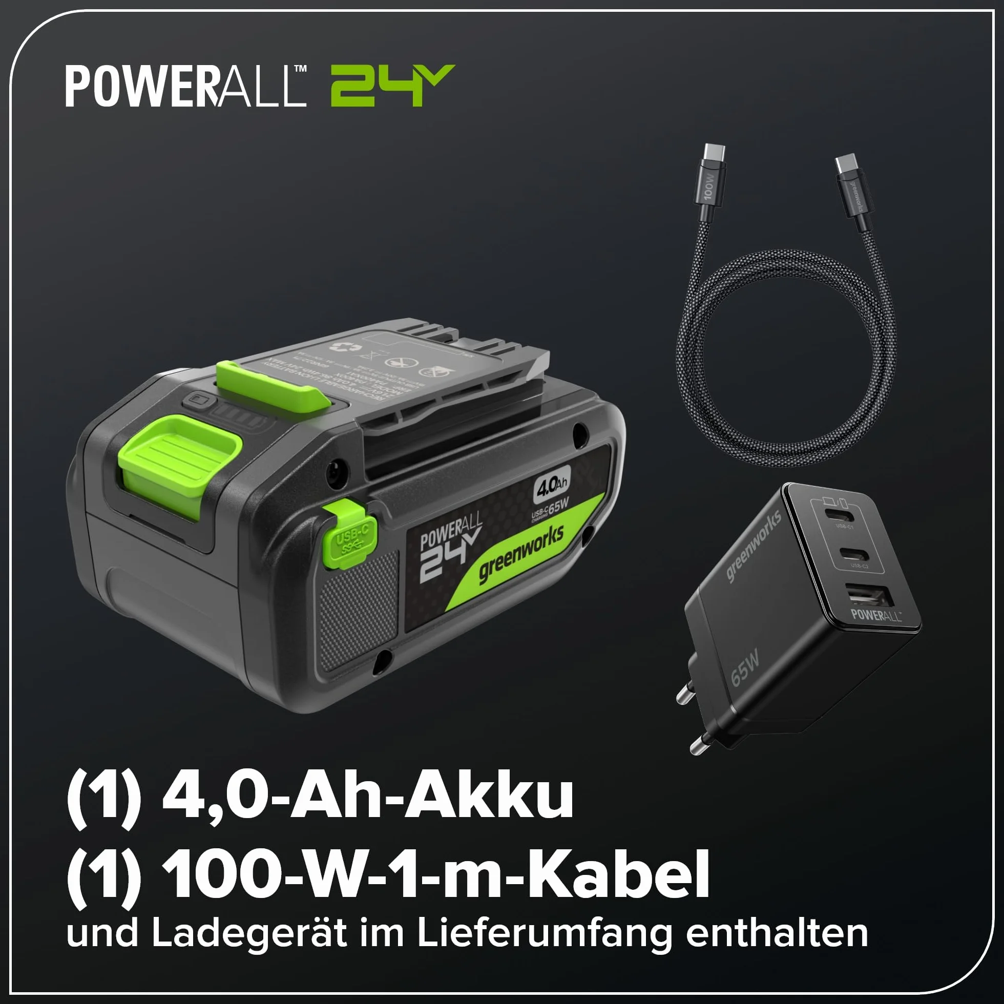 Greenworks Akumulatorowa szlifierka kątowa 24 V 125 mm ostrze tarczowe, 9000 obr./min, 900 W, silnik bezszczotkowy, leworęczny lub praworęczny z baterią USB 4 Ah i ładowarką 65 W AG590