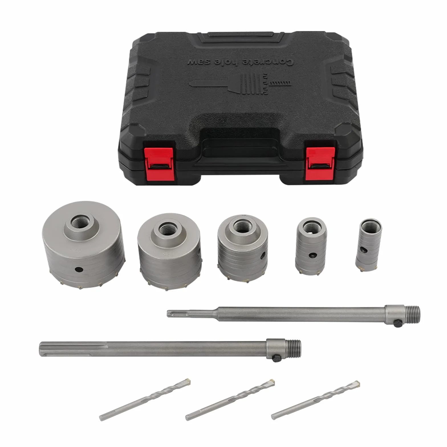 Zestaw wierteł do otworów – Ø 30/40/68/80/100 mm + Ø 8 x 110 mm wiertło centrujące + trzpień SDS Plus i Max 300 mm, w walizce na narzędzia, wiertło ścienne do betonu, do cegły, gliny, pianki i ścian