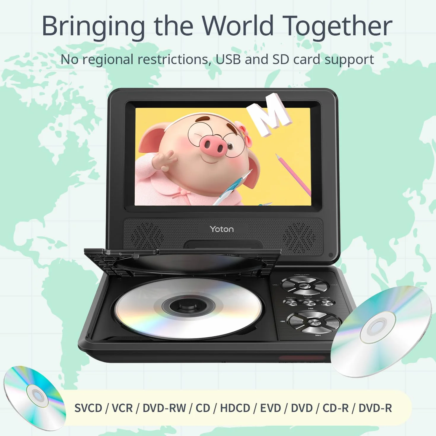 YOTON Przenośny samochodowy odtwarzacz DVD z obrotowym ekranem HD o przekątnej 7,5", głośnikiem stereo, obsługą odtwarzania przez 4-6 godzin i synchronizacją TV [Blu-Ray nie jest obsługiwany]