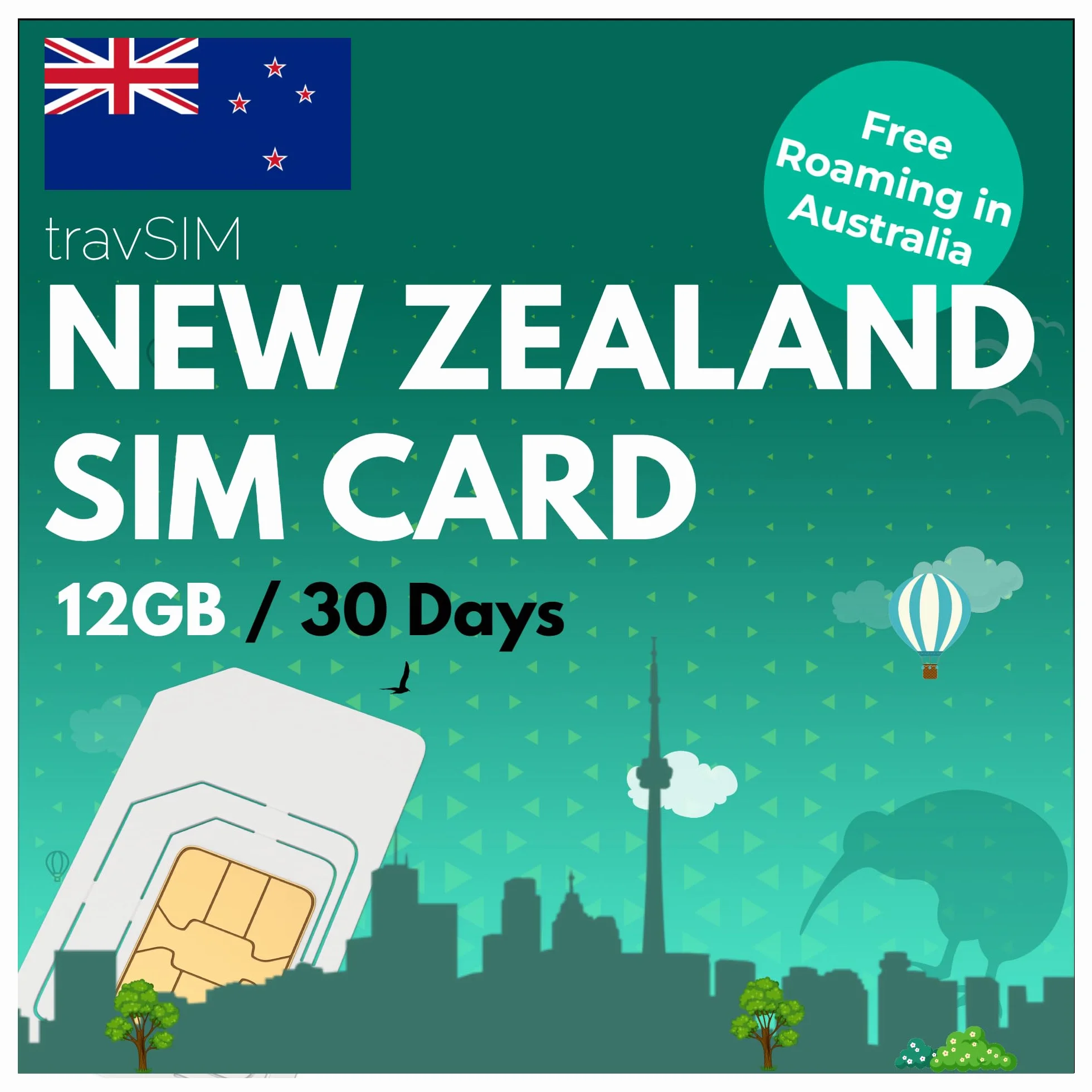 travSIM Karta SIM Nowa Zelandia 12 GB 4G/5G Bezpłatny roaming w Australii 30 dni