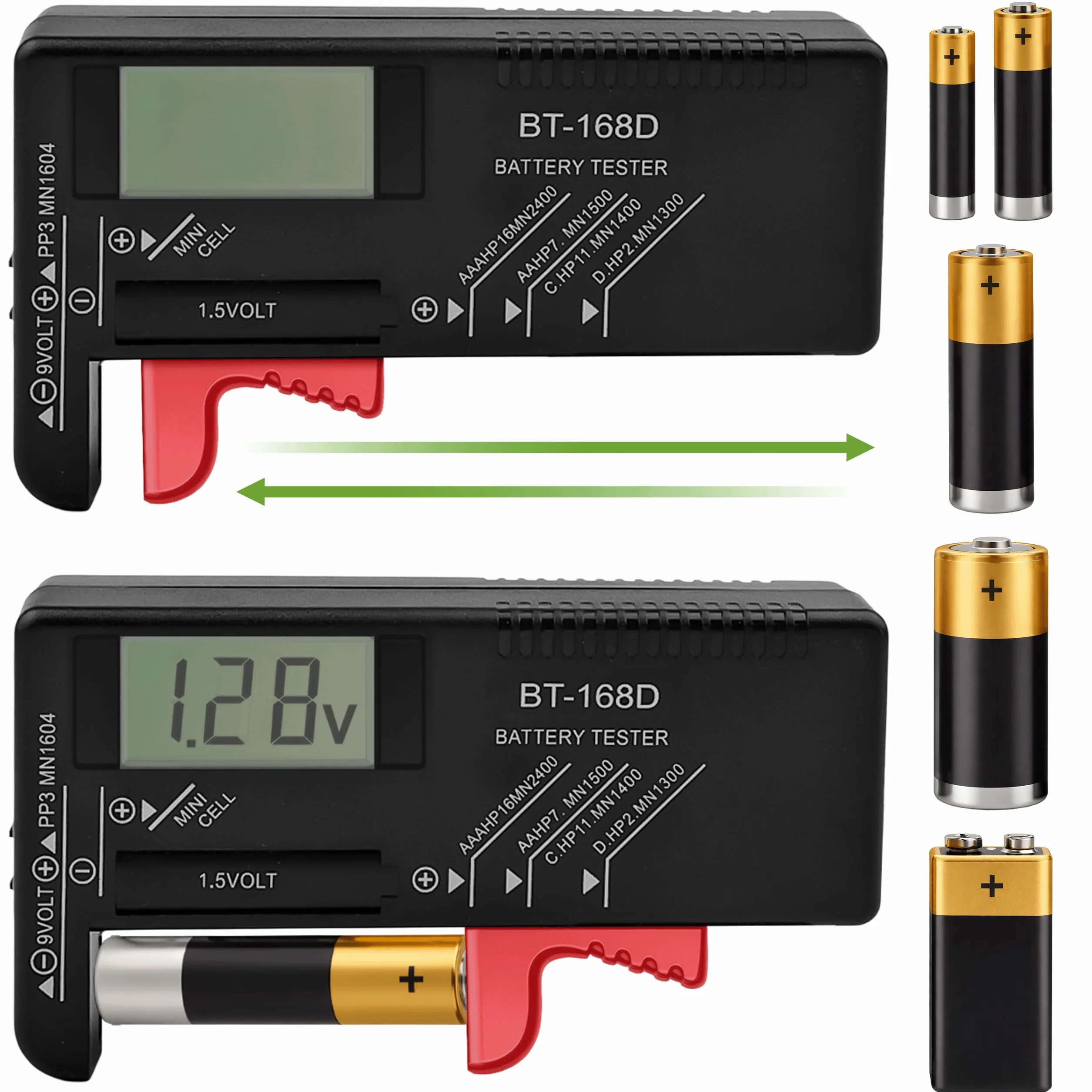 KRUMAD BT168D Tester baterii cyfrowy 0-15V do AA AAA C D 9V ogniwa guzikowe
