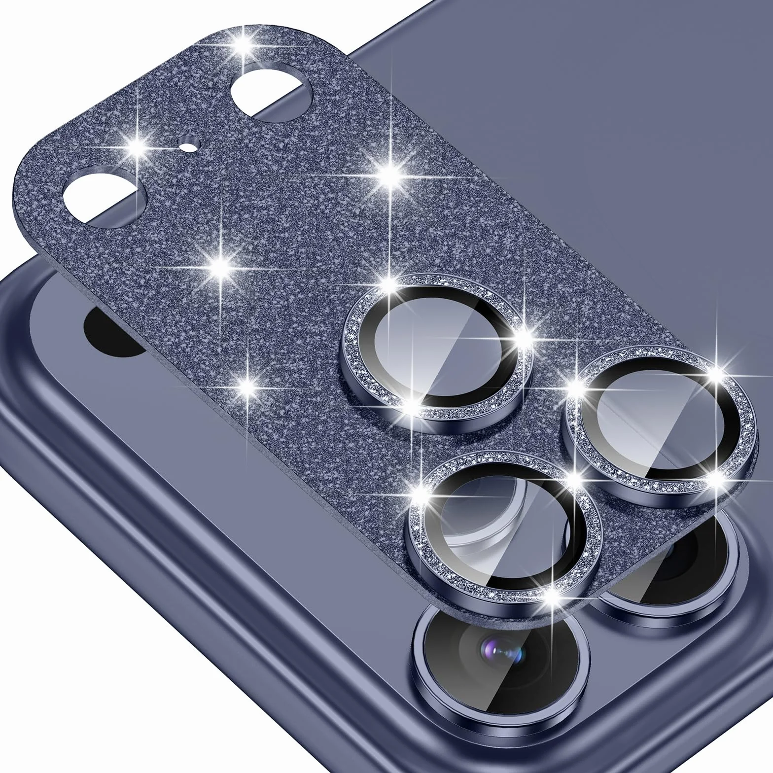 Osłona obiektywu iPhone Pro, szkło hartowane 9H, metalowy pierścień, niebieski brokat