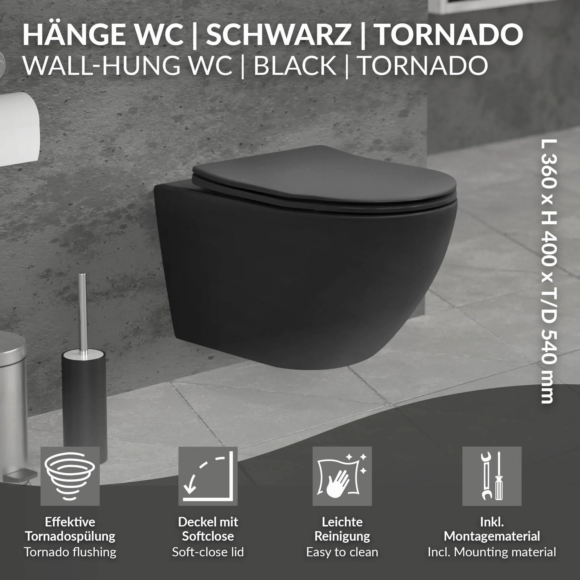 LuxeBath wiszaca muszla klozetowa bez rantu czarna, ceramiczna wiszaca muszla klozetowa dluga 54 cm, bez rantu splukujacego z miekko zamykana pokrywa, splukiwanie tornado, miekko zamykana