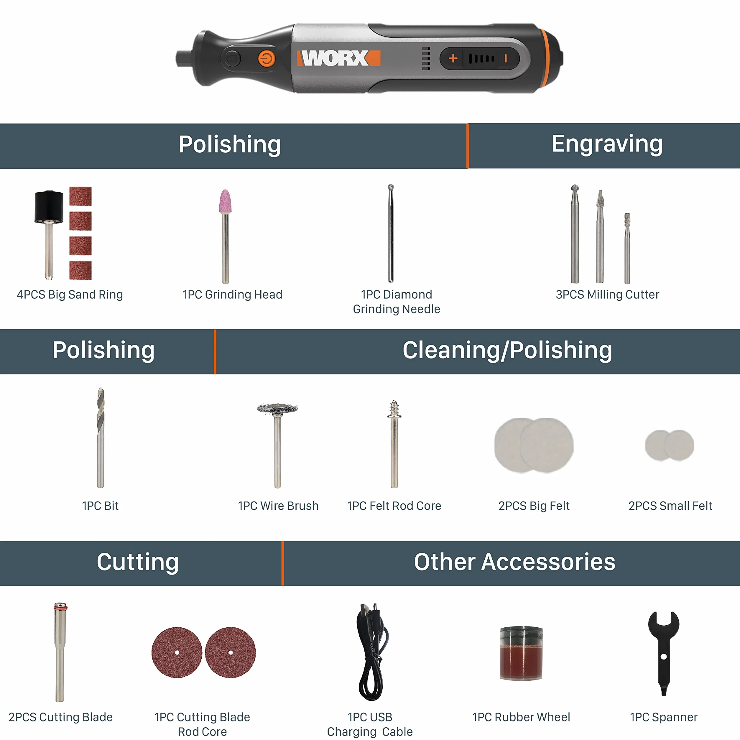 WORX 8V Akumulatorowe Narzędzie Wielofunkcyjne WX106, Narzędzie Obrotowe z 23 Akcesoriami, 3,2 mm wielkość nagrywania USB do szlifowania, grawerowania, polerowania, cięcia, wiercenia itd.