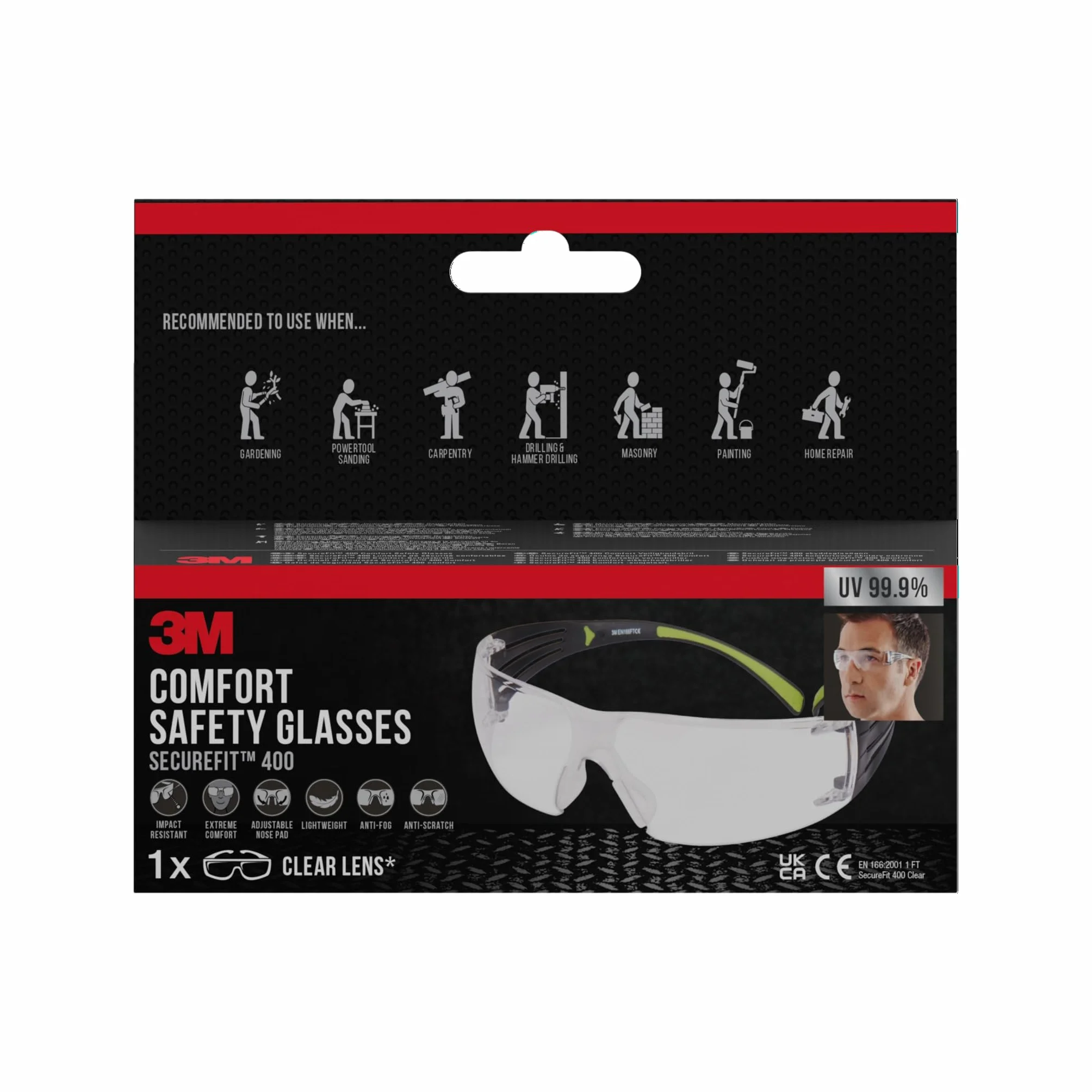 3M Okulary ochronne SF400 CC1, przezroczyste – komfortowe okulary ochronne z powłoką zapobiegającą zarysowaniom – obustronna powłoka chroniąca przed promieniowaniem UV, zarysowaniem i zaparowaniem