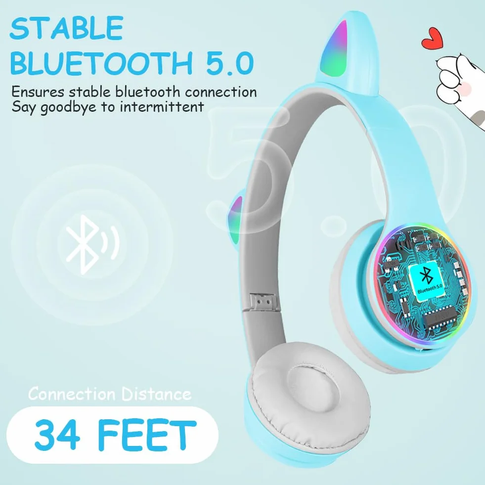 AXFEE Słuchawki dla dzieci, oświetlenie LED, kocie uszy, bezprzewodowe/bezprzewodowe, dźwięk stereo HD, składane słuchawki dla dzieci do komputera, telefonu, iPada, studia, podróży, szkoły