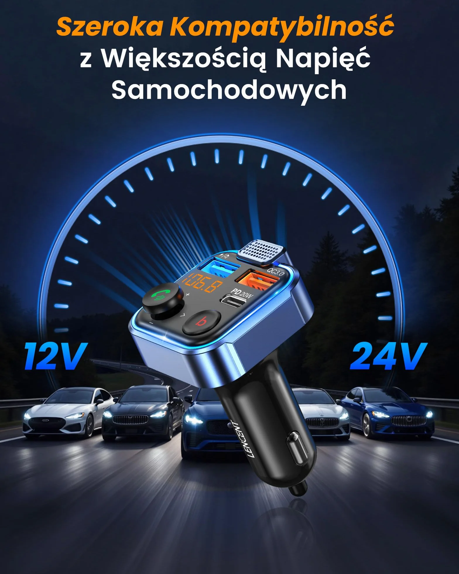 LENCENT Nadajnik FM Bluetooth V5.3, Transmiter FM Radio Samochodowe z głębokim basem Ładowarka Samochodowa z Zestawem głośnomówiącym i dwoma portami USB PD Type-C QC 3.0 USB z Niebieskim Oświetleniem