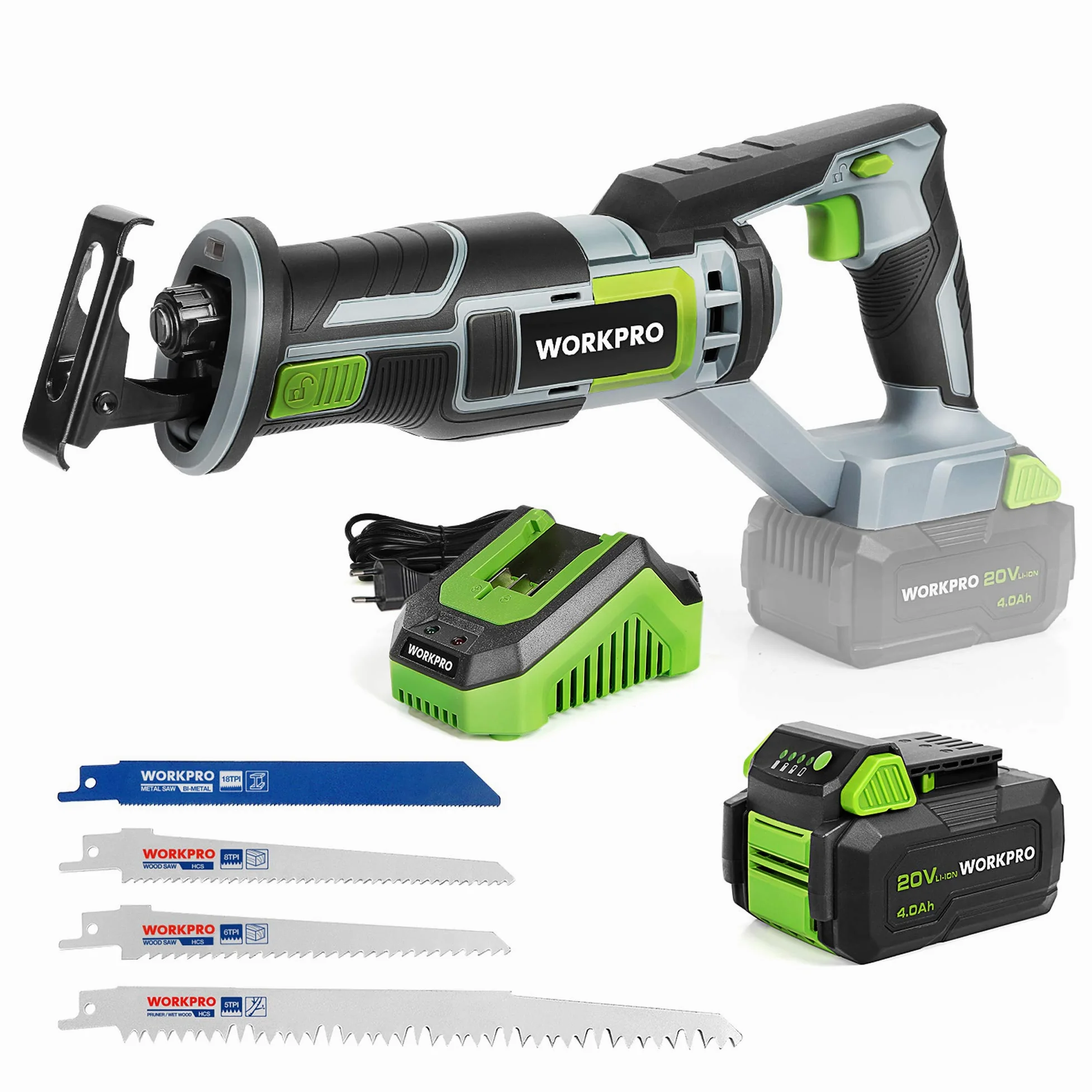 WORKPRO Bezprzewodowa piła szablasta 20V, akumulatorowa piła szablasta 4,0Ah | Bezprzewodowa piła alternatywna z 4 brzeszczotami, idealna do cięcia drewna, metalu i PVC, baterii i ładowarki w zestawie