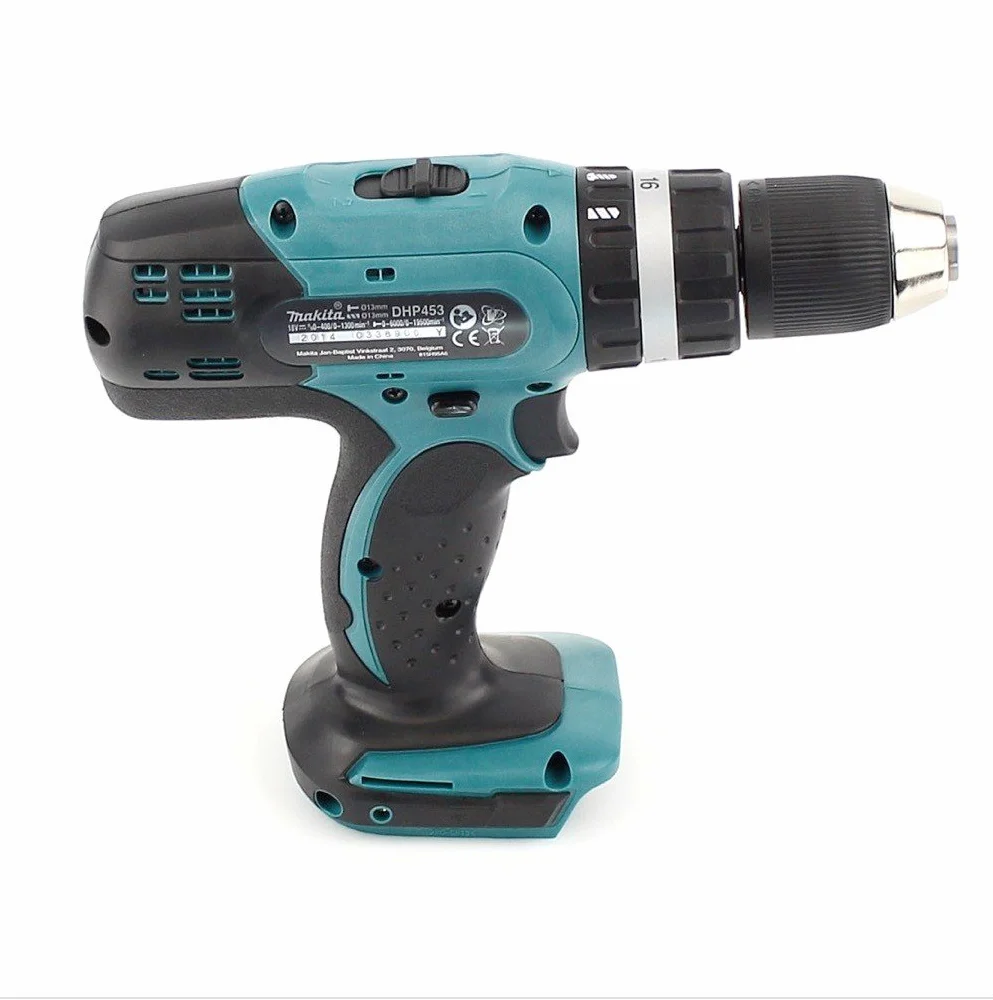 Makita Akumulatorowa wiertarka udarowa DHP453 Solo 18 V, czarna, niebieska, zasilana bateriami