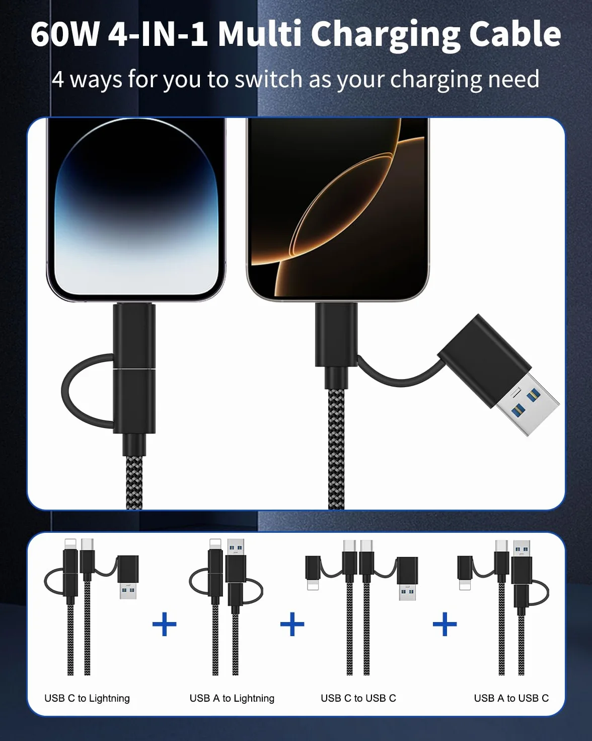 Kabel do Szybkiego ładowania 4 w 1 60W USB C USB A do Lightning iPhone 2M Oplociekabel