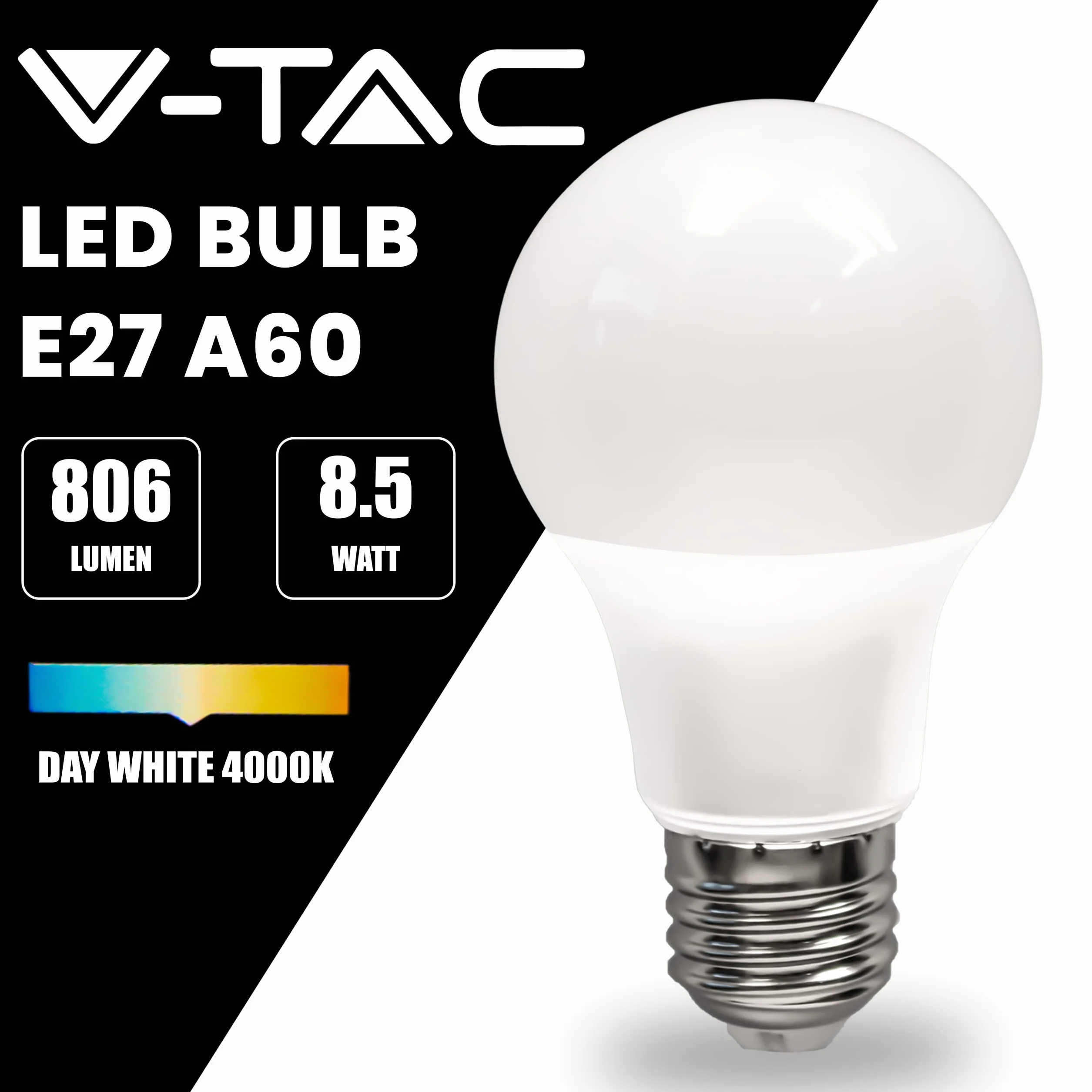 V-TAC 10 żarówek LED E27, Edison - A60, 8,5 W (odpowiednik 60 W) - 806 lumenów - 4000 K neutralna biel - otwór wiązki światła 200° - maksymalna wydajność i niskie zużycie energii, VT-2099-10