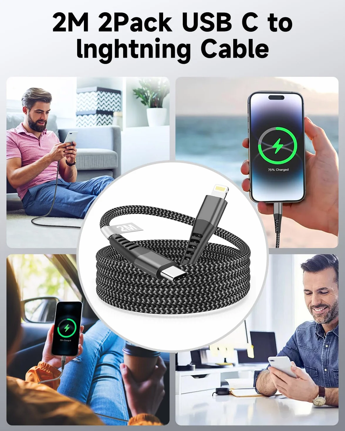 Kabel USB C do Lightning 2m zestaw 2 szt MFi szybkie ładowanie nylonowy oplot do iPhone'a 14 13 12 11 Pro Max X 8 Plus