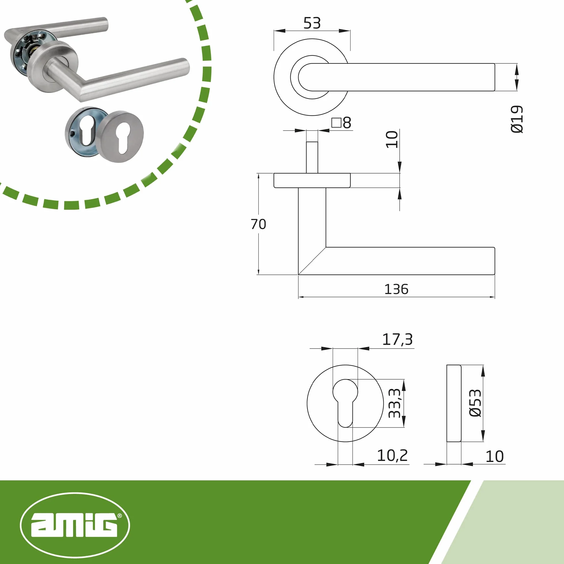 AMIG - Zestaw klamek do drzwi z rozetą | 136 x Ø19 mm | Elegancki i prosty design | Idealny do domu lub biura | Stal nierdzewna | Matowe srebro | Zawiera klucz cylindrów