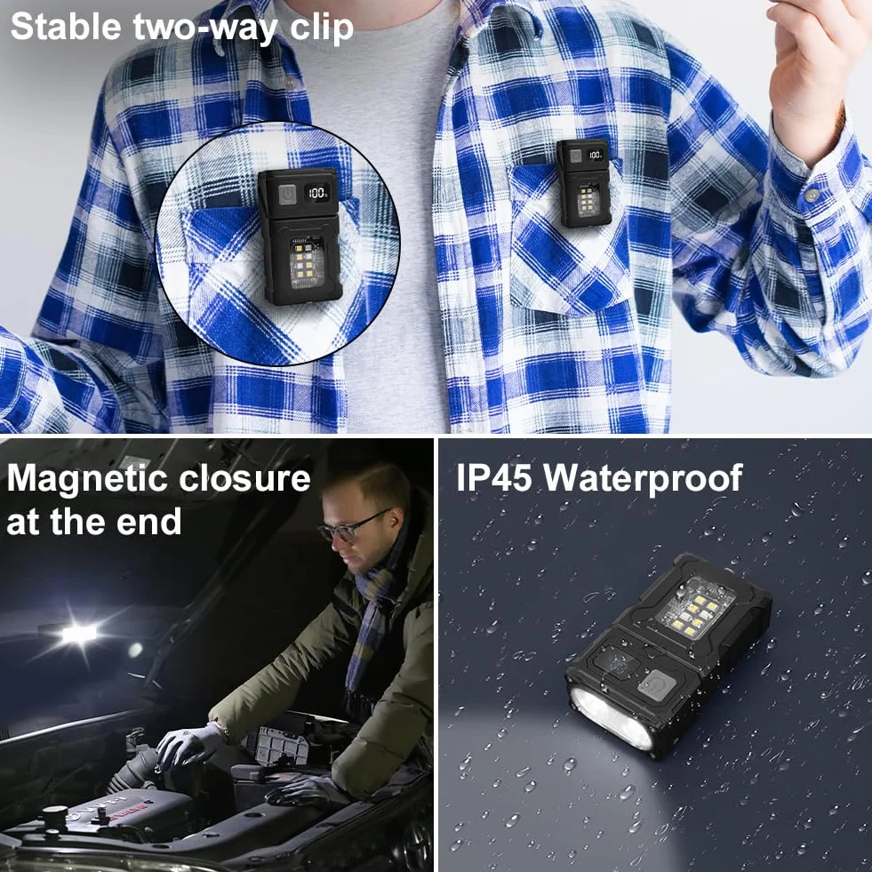 flintronic Mała latarka, ładowalna mini latarka EDC USB C, lampa robocza COB z magnetyczną podstawą i klipsem na klamrę, super jasna latarka na kemping, wędrówki, nagłe wypadki, warsztat, naprawa