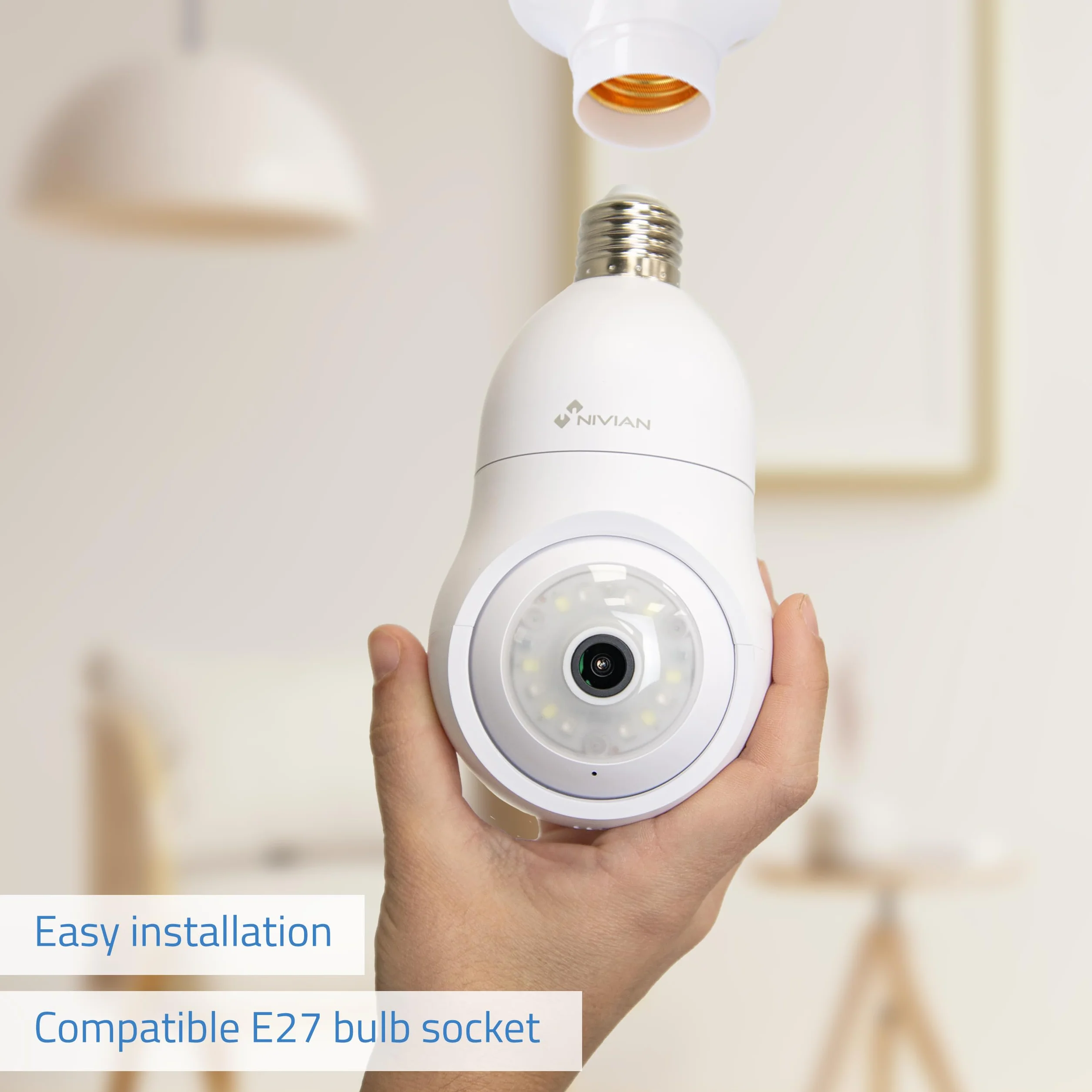 NIVIAN -Kamera monitorująca Wifi Typ żarówki E27-2K 360 ° ruchu- Dwukierunkowy dźwięk-Rozpoznawanie i śledzenie człowieka-Noktowizor 10m-Kompatybilny z Alexa i Google Home–Aplikacja Tuya
