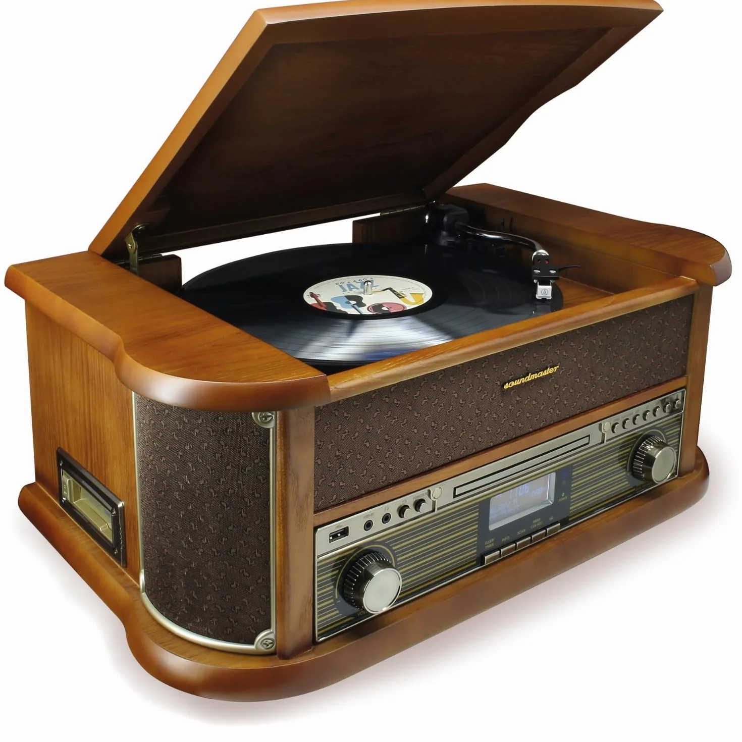 Soundmaster NR566BR Nostalgie Stereo DAB+ FM radio cyfrowe z gramofonem wraz z systemem odbiornika dźwięku magnetycznego Audio Technica, CD/MP3, USB, kaseta, Bluetooth i kodowanie retro