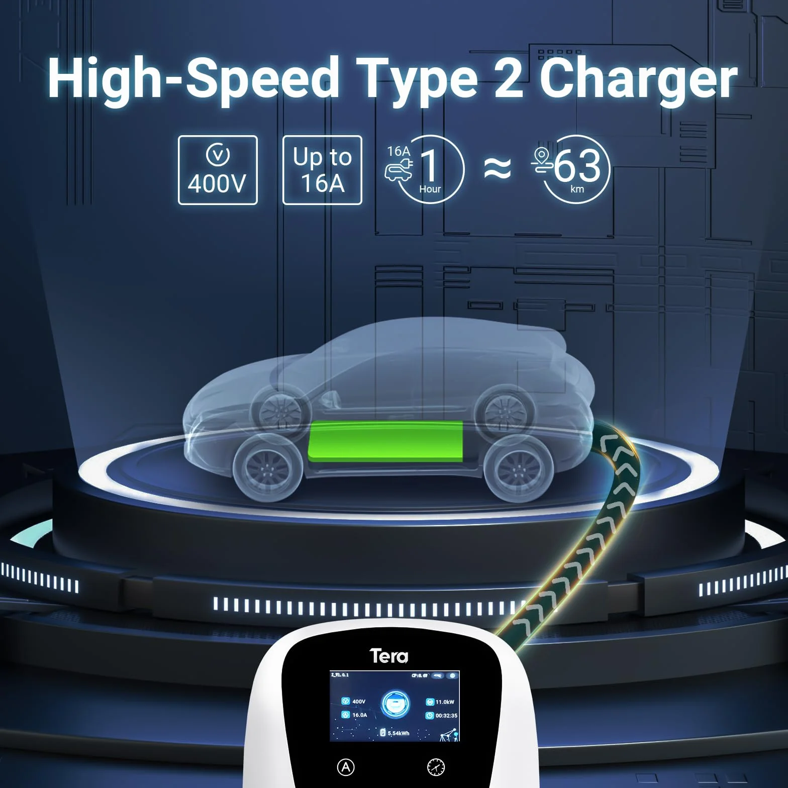 Tera Smart EV ładowarka typu 2, Wallbox z aplikacją 11 kW, 16 A, 400 V, CE i TÜV, z Wi-Fi i Bluetooth, 7 m, kabel do ładowania z uchwytem do ładowarki, domowy Wallbox CEE 3-fazowy wtyk do EVs i PHEV