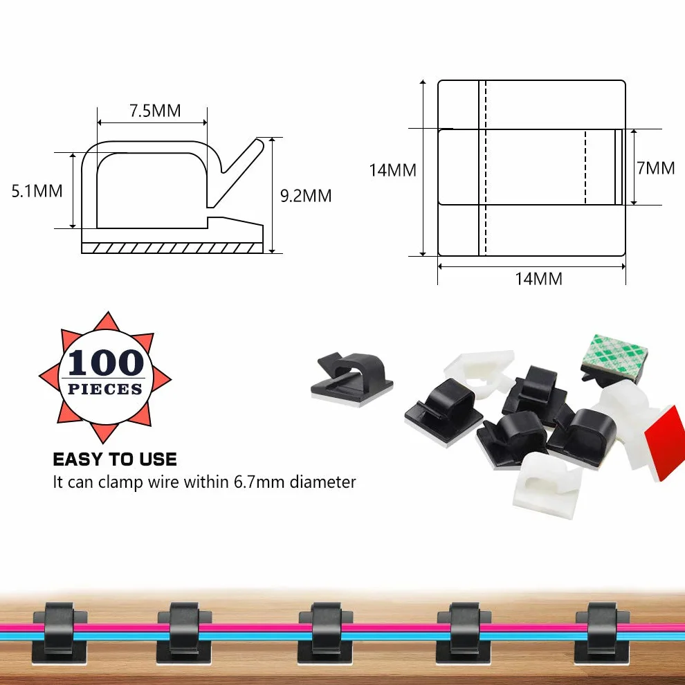 100 szt. Klipsy kablowe samoprzylepne klipsy kablowe organizer do kabli samochodowych zarządzanie przewodami przylepny uchwyt na kabel do samochodu biura i domu, biały klej
