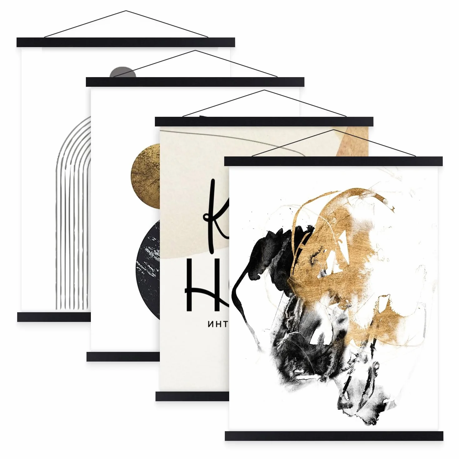 Benjia Zestaw 4 magnetycznych szyn plakatowych, magnetyczne ramki plakatowe A2, drewniane listwy plakatowe, wieszaki na plakaty do drukowanych dzieł sztuki (42cm, czarne, 4 opakowania)