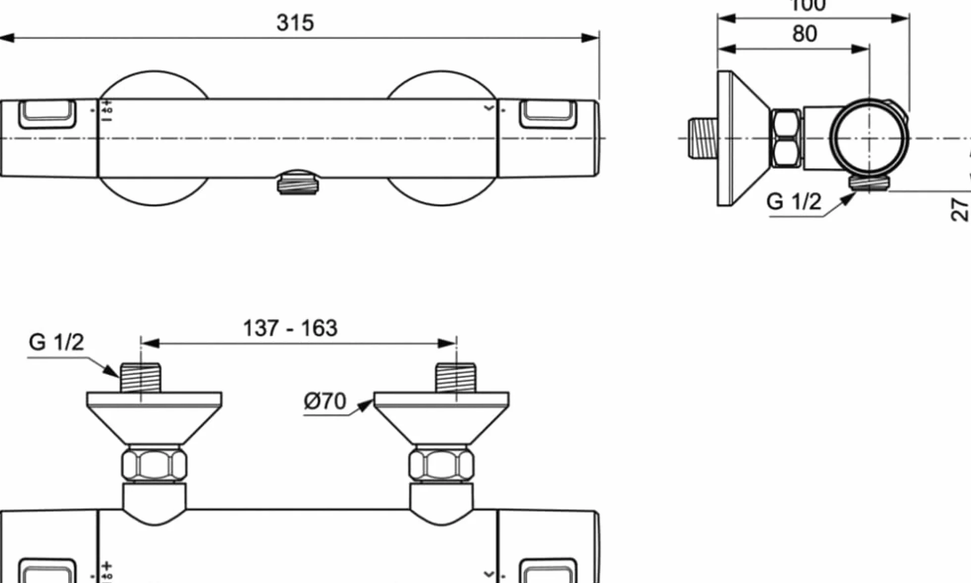 CERATHERM T25 bateria prysznicowa AP 315 x 100 x 70 mm w kolorze chromu, 22 l/min (3 bary), funkcja termostatu, oszczędność wody i energii, CoolBody, blokada bezpieczeństwa, powierzchnia SmartShine