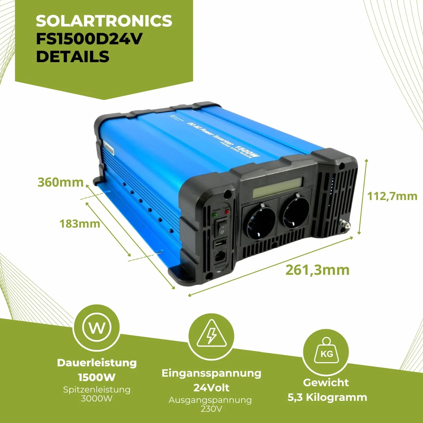 Solartronics FS1500D przetwornica napięcia 24V 1500/3000 Watów Reiner Sinus Niebieski z Ekranem FS Seria Inwerter