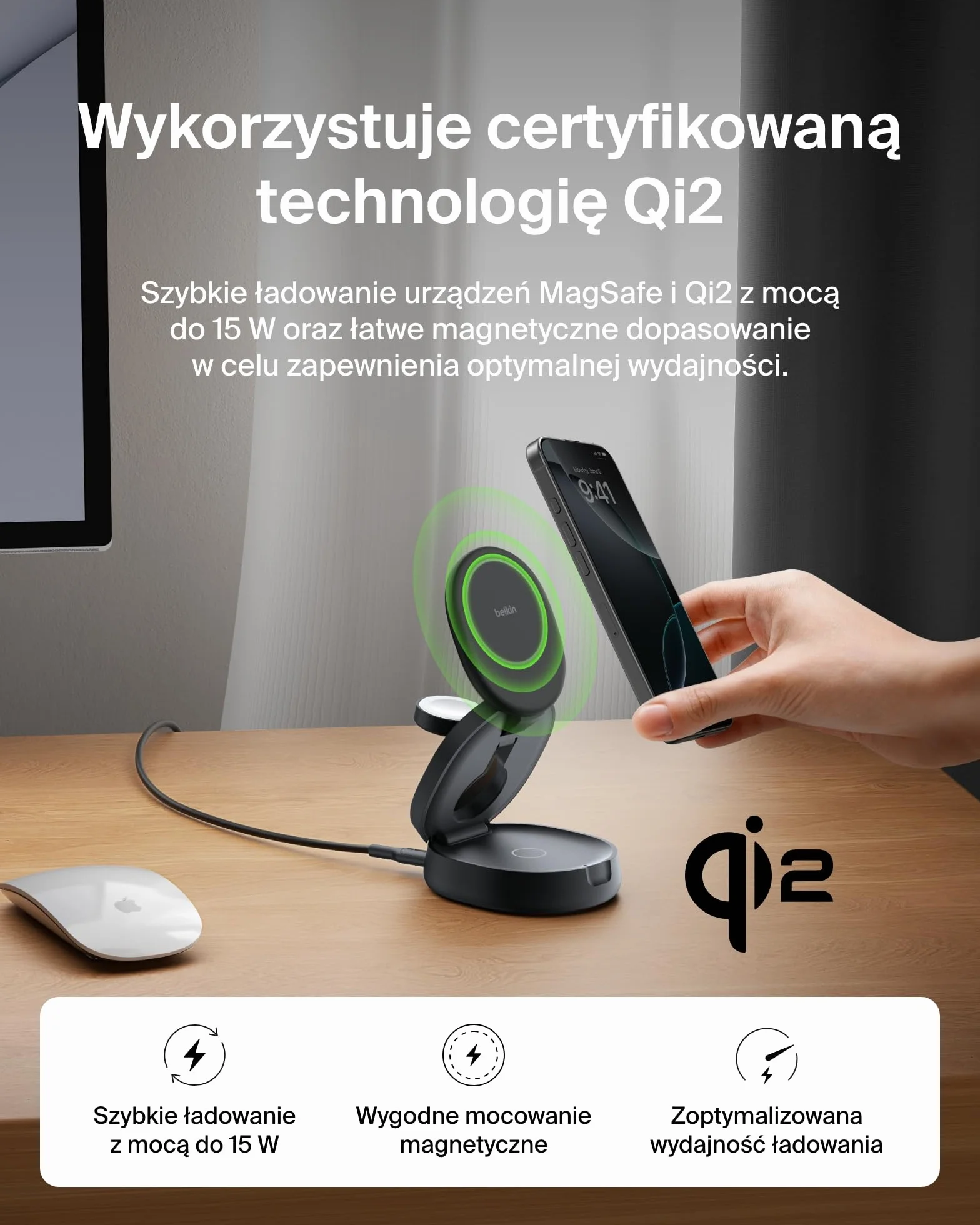 Belkin ładowarka bezprzewodowa 3 w 1 MagSafe 15W Qi2 do iPhone 16 Apple Watch AirPods czarna