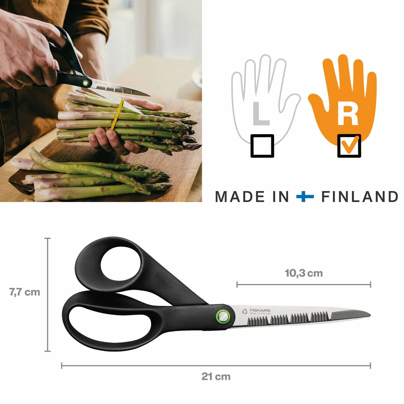 Fiskars Nożyce szefa kuchni ReNew, długość: 21 cm, stal nierdzewna z recyklingu/plastik z recyklingu, funkcjonalny kształt, czarne, 1074545
