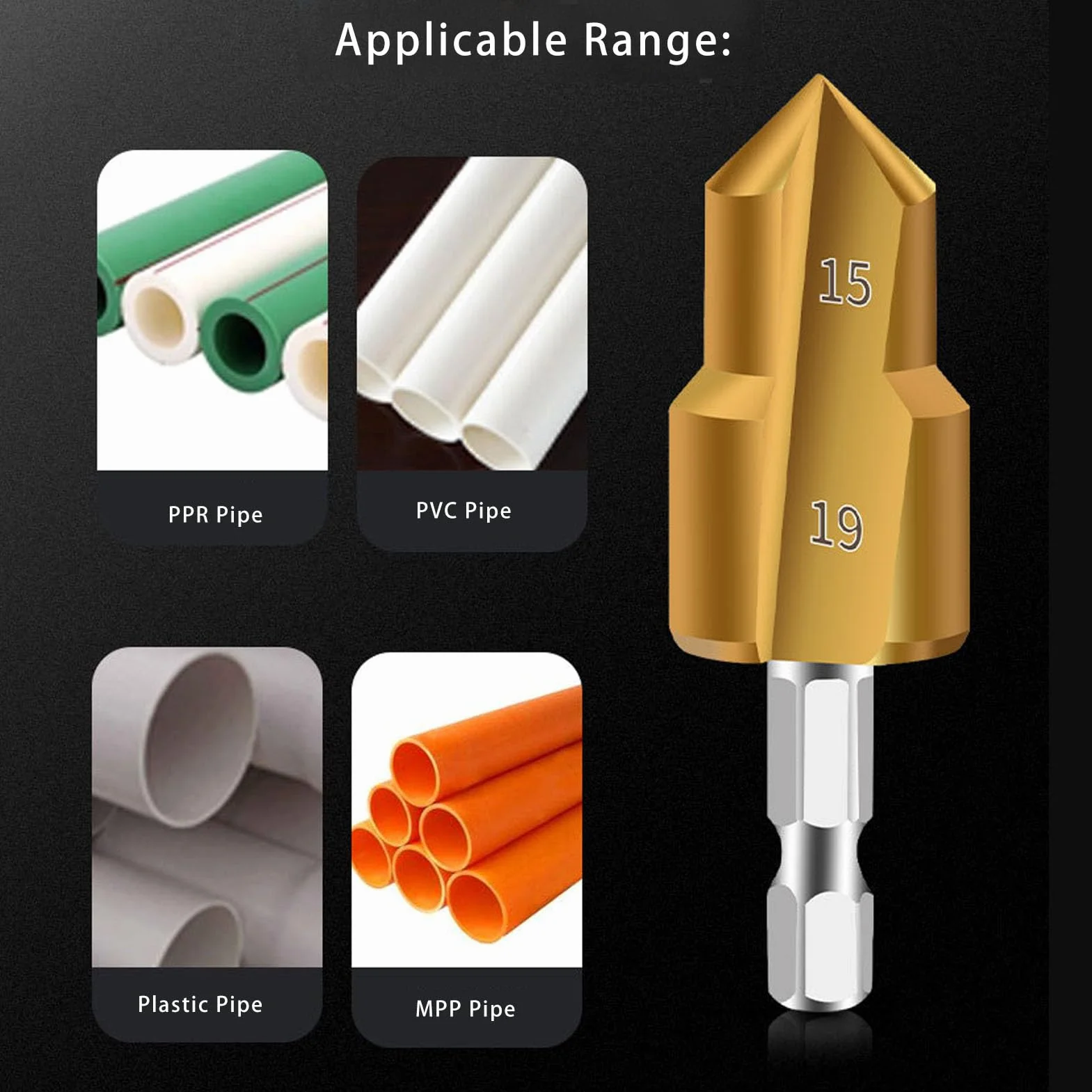 Greensen Pipe Reamer Bit, PVC Pipe Reamer Conduit Drill Bit Zestaw 3-częściowy 19mm 24mm 31mm do Rur PPR PVC z Sześciokątnym Trzonkiem Pasuje do Większości Wiertarek Elektrycznych