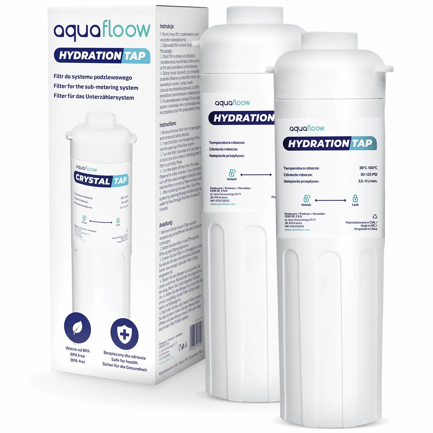 Aquafloow 2x Filtr do podzlewowego systemu filtracji wody, filtr wody z redukcją chloru, filtr z węglem aktywnym, wysoka skuteczność redukcji chloru 30 000 litrów lub 6-12 miesięcy