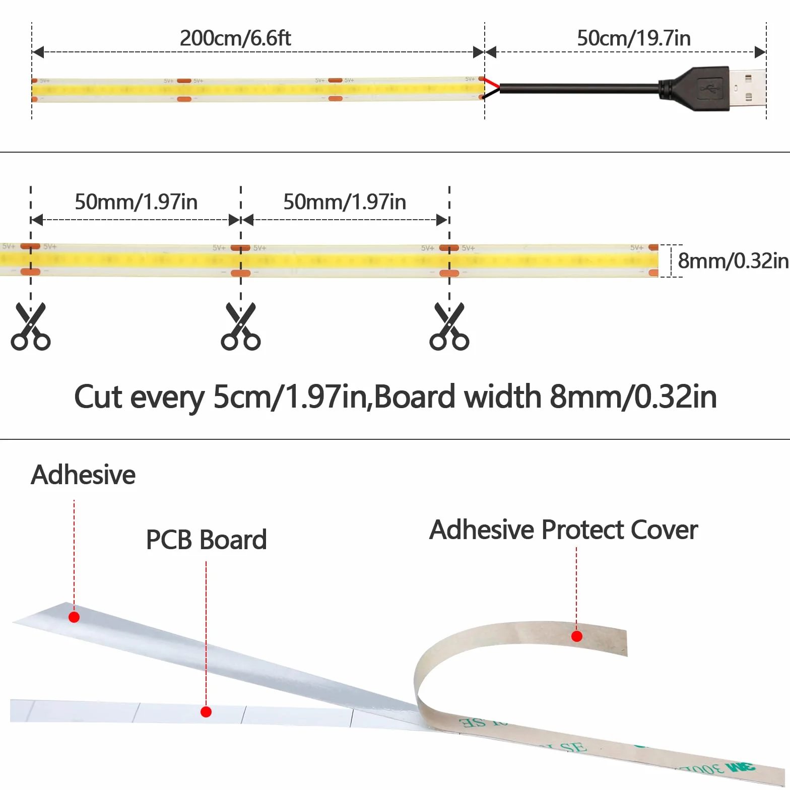 GOMING 5V Taśma LED COB USB Ciepła Biel 3000K IP65 Wodoodporny Zasilany przez USB CRI 93+ 640LEDs 2M Jednolite Światło Elastyczny Pasek LED dla DIY Oświetlenie Dekoracyjne