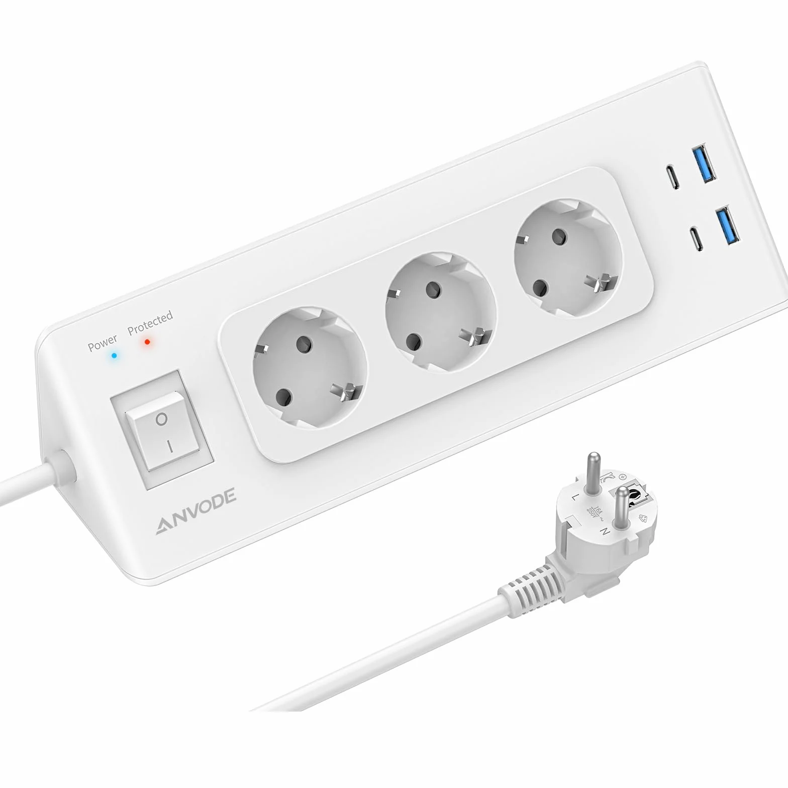 Narożna listwa zasilająca z USB i 2 Type-C, 3-gniazdowa, ochroną przed przeciążeniem, kabel 2m