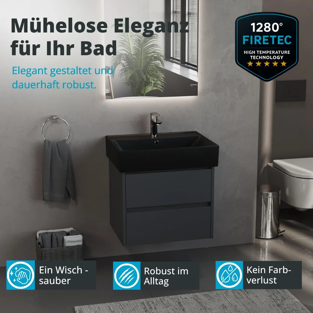 Aqua Bagno czarna matowa umywalka ceramiczna 60 cm – prostokątna umywalka nablatowa z otworem na baterię, nowoczesna, do łazienki i toalety