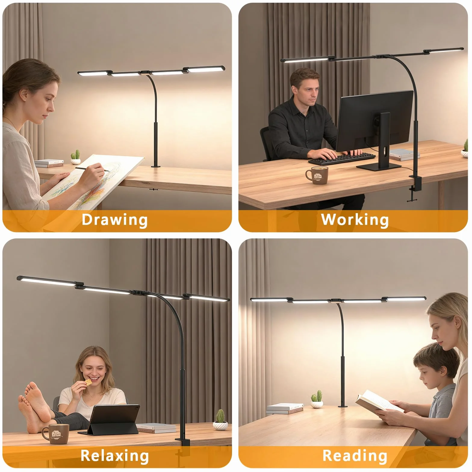 Comely Lampa biurkowa LED z możliwością ściemniania 24 W, 120 cm, 2750 lm, 4 biurka LED z 5 temperaturami światła, lampa biurkowa z 10 ustawieniami jasności, lampa biurkowa z zaciskiem, czarna