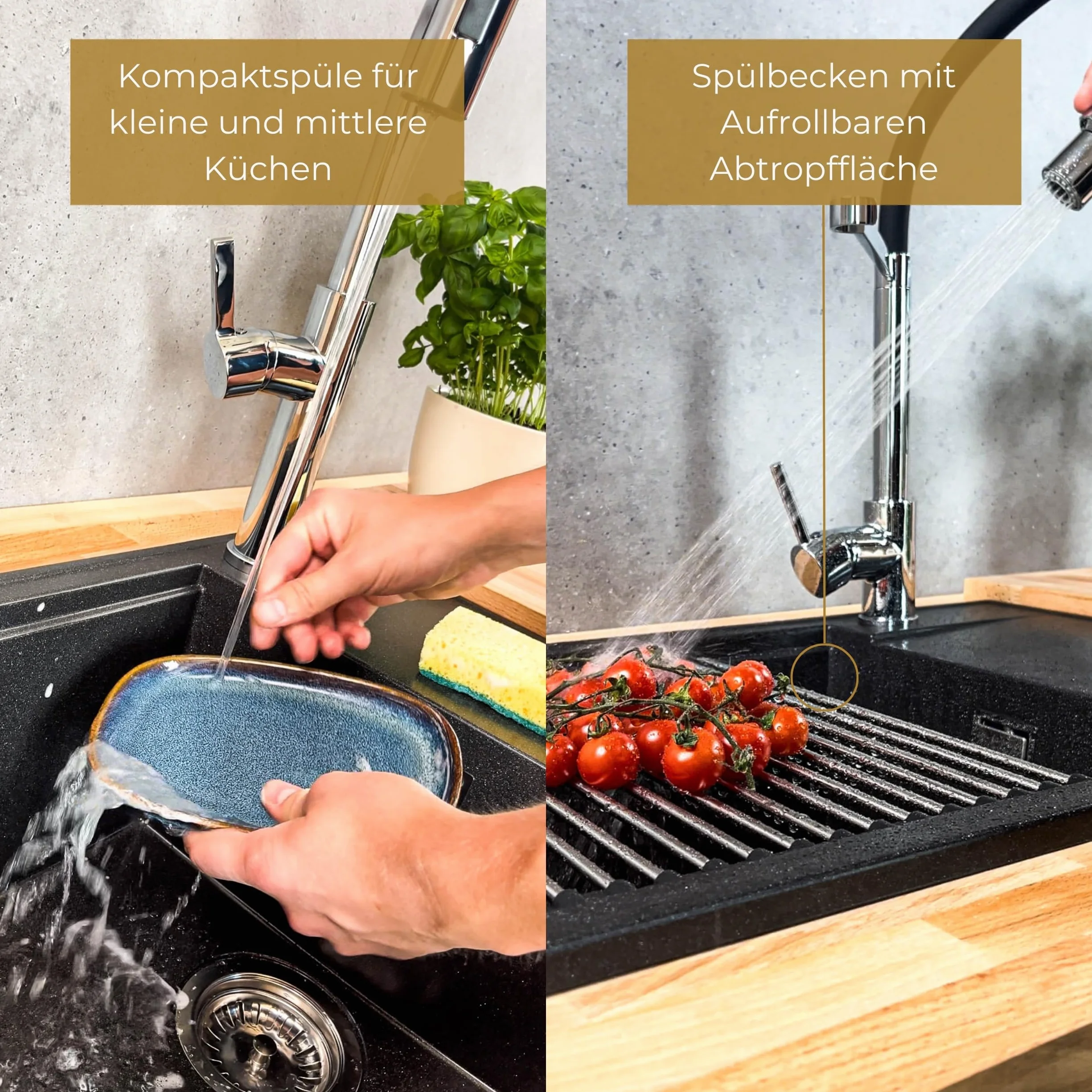 Zlewozmywak empiria SINK QUALITY granitowy czarny z złotymi plamami 62x46 - zlewozmywak z złotym syfonem, podstawka do spuszczania wody, środek do impregnacji - zlewozmywak kuchenny z powierzchnią do
