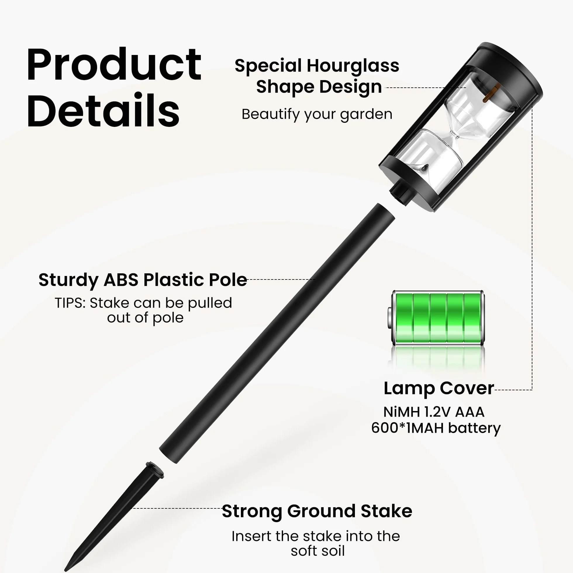 GIGALUMI Solarne lampy ogrodowe, wodoodporne lampy solarne w kształcie klepsydry, do ogrodu, na podwórko, taras, ścieżkę, dekoracji krajobrazu, ciepłe białe światło, 6 sztuk