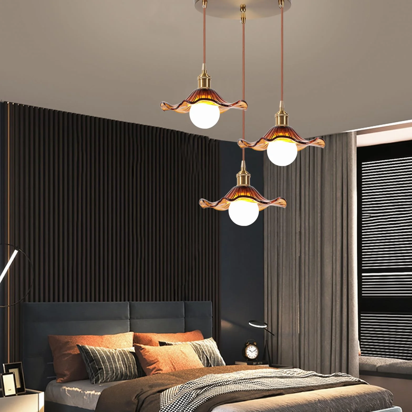 3 Lampy Wiszące ze Szklanego Bursztynu w Stylu Kwiatowym z Posrebrzanego Mosiądzu Nowoczesne Oświetlenie Sufitowe Art Déco Wewnętrzne Zawieszone Do Salonu, Jadalni, Sypialni, Kuchni