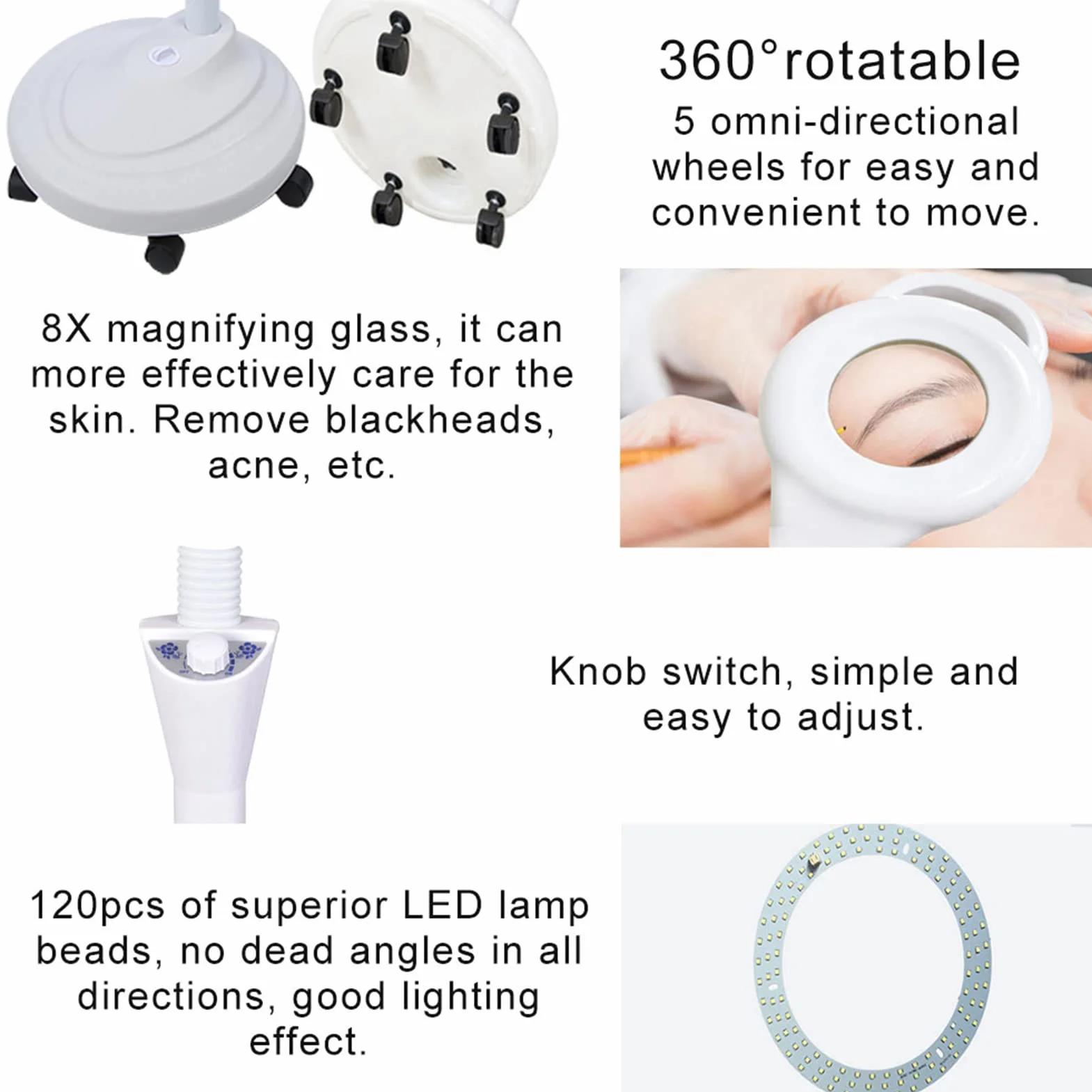 Lampa do tatuażu LED, 8-krotnie powiększająca lampa podłogowa z regulowaną wysokością, 120 kulek lampy, obrót o 360 °, 5 kół wielokierunkowych, salonowe zimne światło do