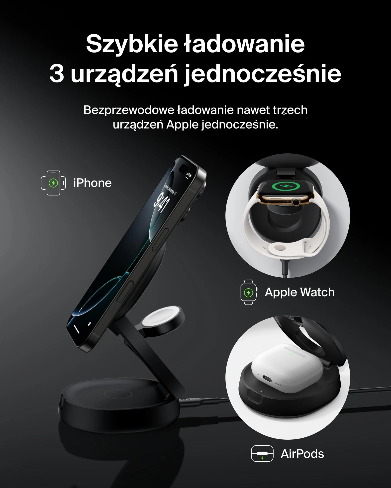 Belkin ładowarka bezprzewodowa 3 w 1 MagSafe 15W Qi2 do iPhone 16 Apple Watch AirPods czarna