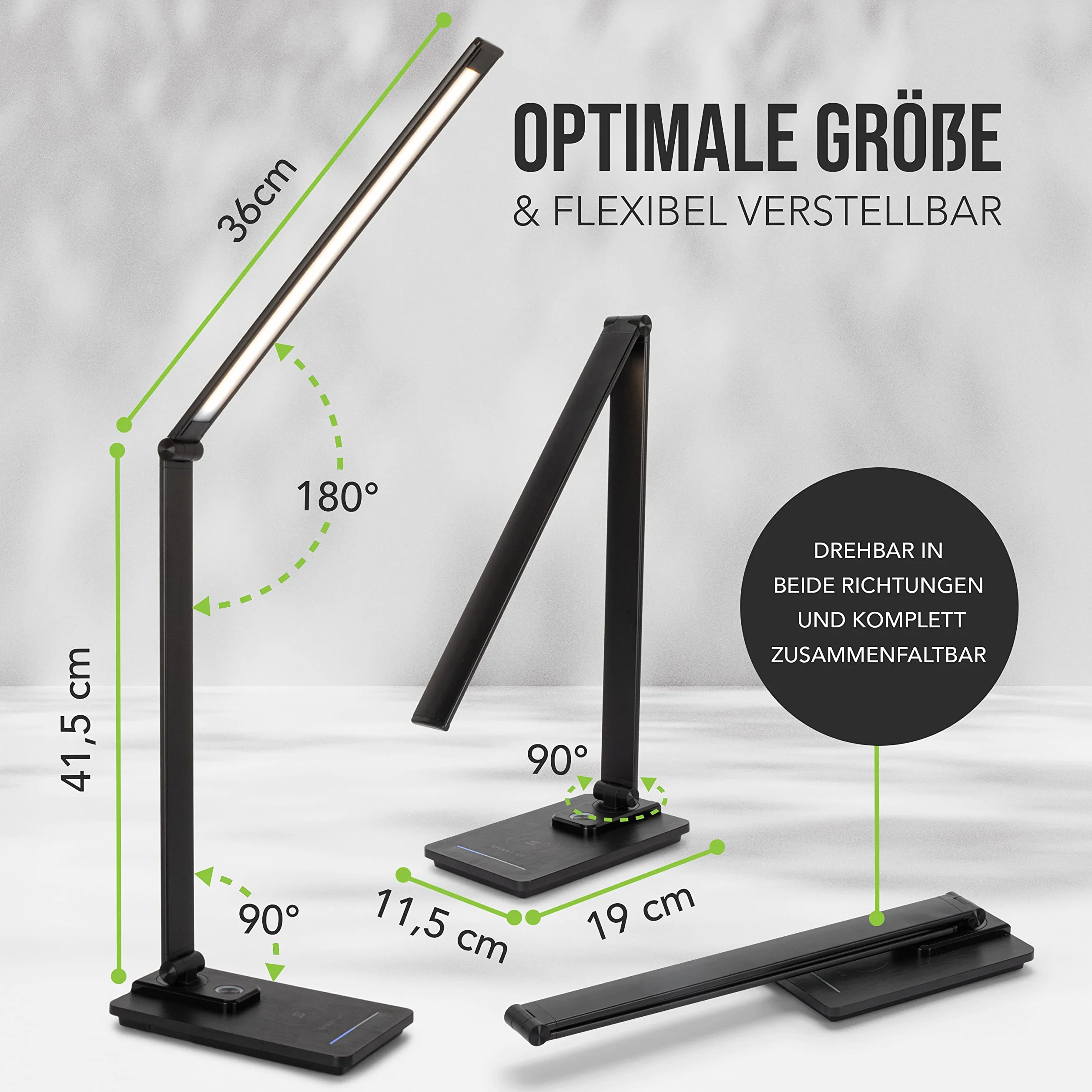 SMARTIVE | Designerska lampa biurkowa z funkcją bezprzewodowego ładowania – lampa biurowa LED z bezprzewodowym ładowaniem 10 W – przyjazne dla oczu światło ściemniane i ładowanie bez kabla | czarna +