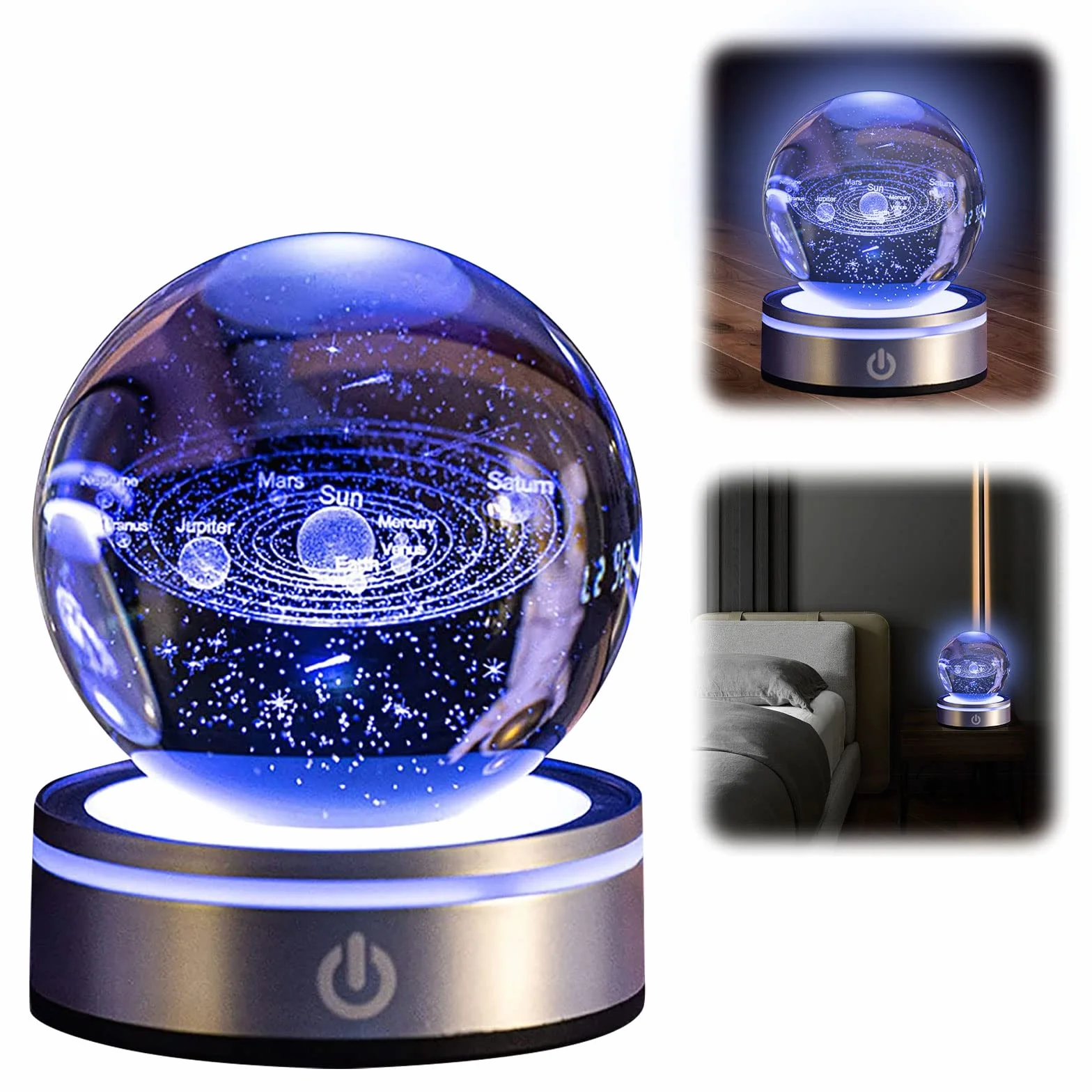 Kryształowa kula 3D, kryształowa kula 3D, światło nocne, układ słoneczny 3D, kryształowa kula z diodami LED, kolorowa lampka nocna, podstawa, kabel USB do transmisji danych, astronomia, prezent