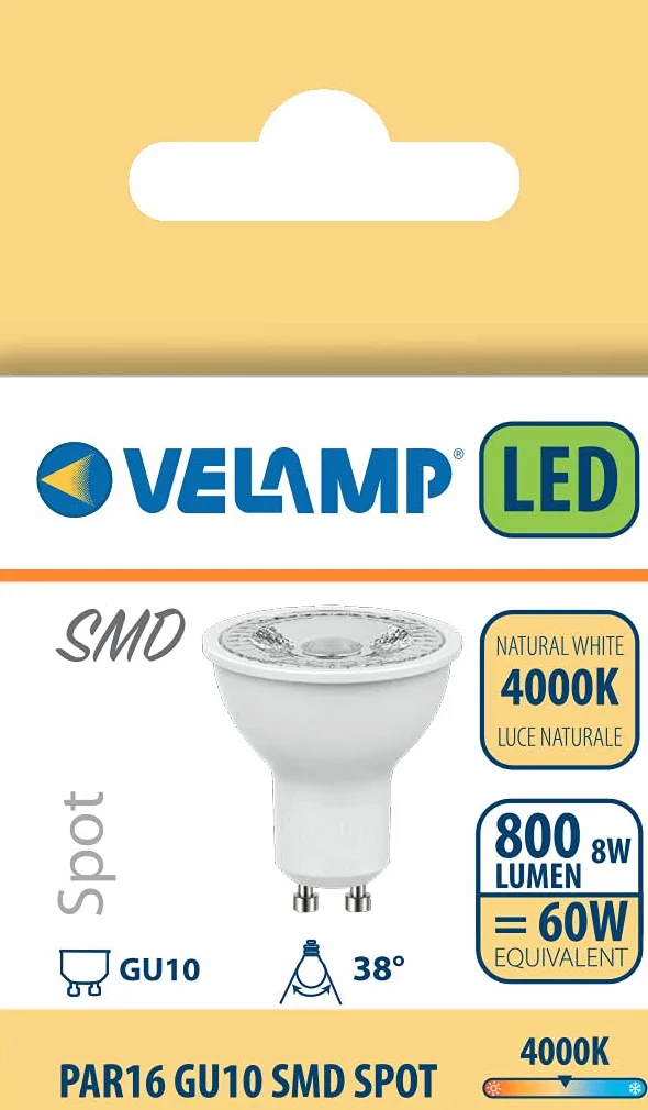Żarówka LED SMD, punktowa GU10, 230V, 8W / 800lm, 4000K, 38°