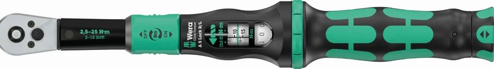 Klucz dynamometryczny Click-Torque A 5 R/L, nastawny, z funkcją Torque Lock i przekładanym zabierakiem czworokątnym (1/4")