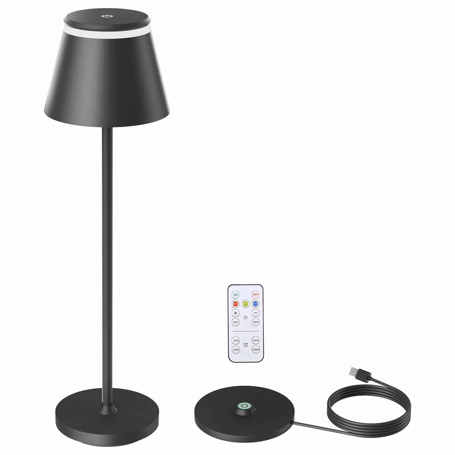 Neoglint Ściemniana lampa stołowa LED, ze stacją ładującą USB, obsługuje typ C, bezprzewodowa, sterowanie dotykowe, z pilotem zdalnego sterowania, IP54,3 regulacja jasności barwowej, czarna