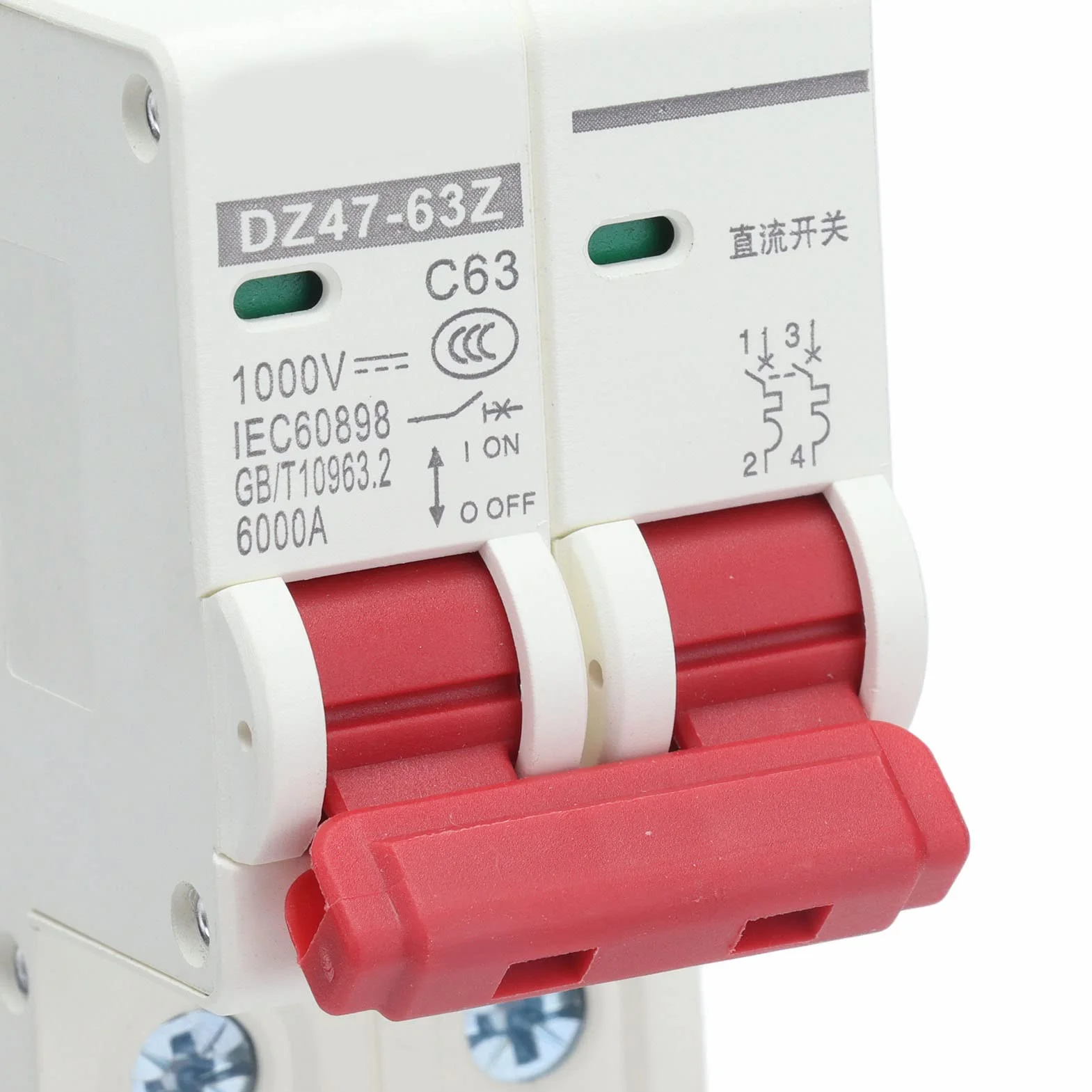 Miniwyłącznik, 2P 63 A DC 1000 V, solarny wyłącznik PV, odłącznik, montaż na szynie DIN, odłącznik do solarnych systemów zasilania statków fotowoltaicznych