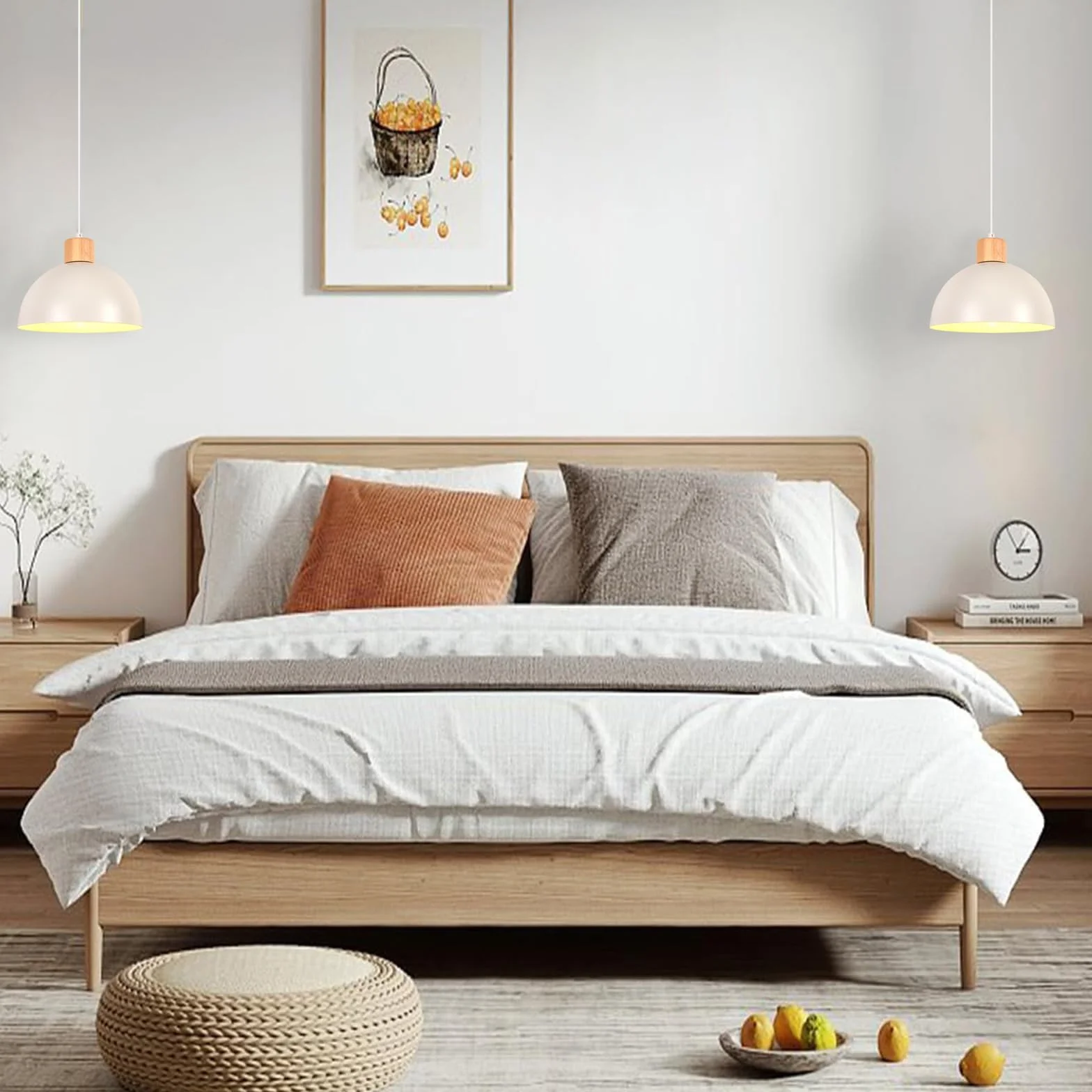 iDEGU Zestaw 2 żyrandoli wiszących w stylu retro, nowoczesny styl, półokrąg, lampa sufitowa E27, drewniana metalowa lampa wisząca do jadalni, kuchni, salonu, sypialni, Ø 25 cm (biały)