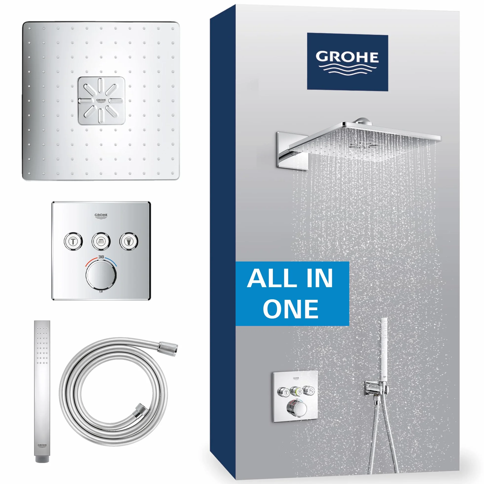 GROHE Precision SmartControl 310 – system prysznicowy (głowica prysznicowa 310 mm z 2 rodzajami strumienia, słuchawka prysznicowa 1 strumień, uniwersalne pudełko do zabudowy, wąż prysznicowy 150 cm),
