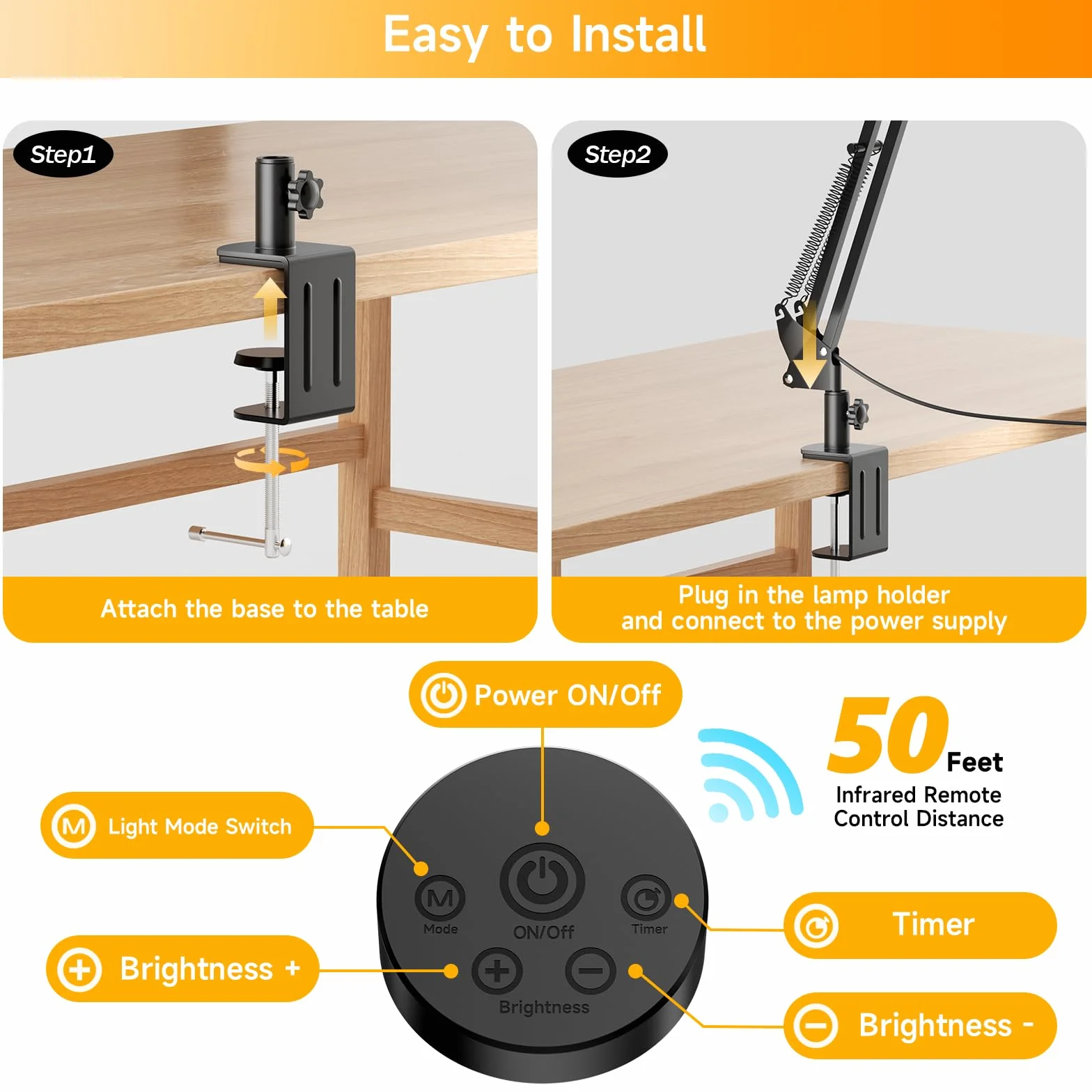 SKYLEO Lampa na biurko LED - 2400LM Ultra Bright Desk Light -Eye Caring Desk Lamp with Clamp - Adjustable Office Lamp with Remote Control- Easy Installation - 24W Black