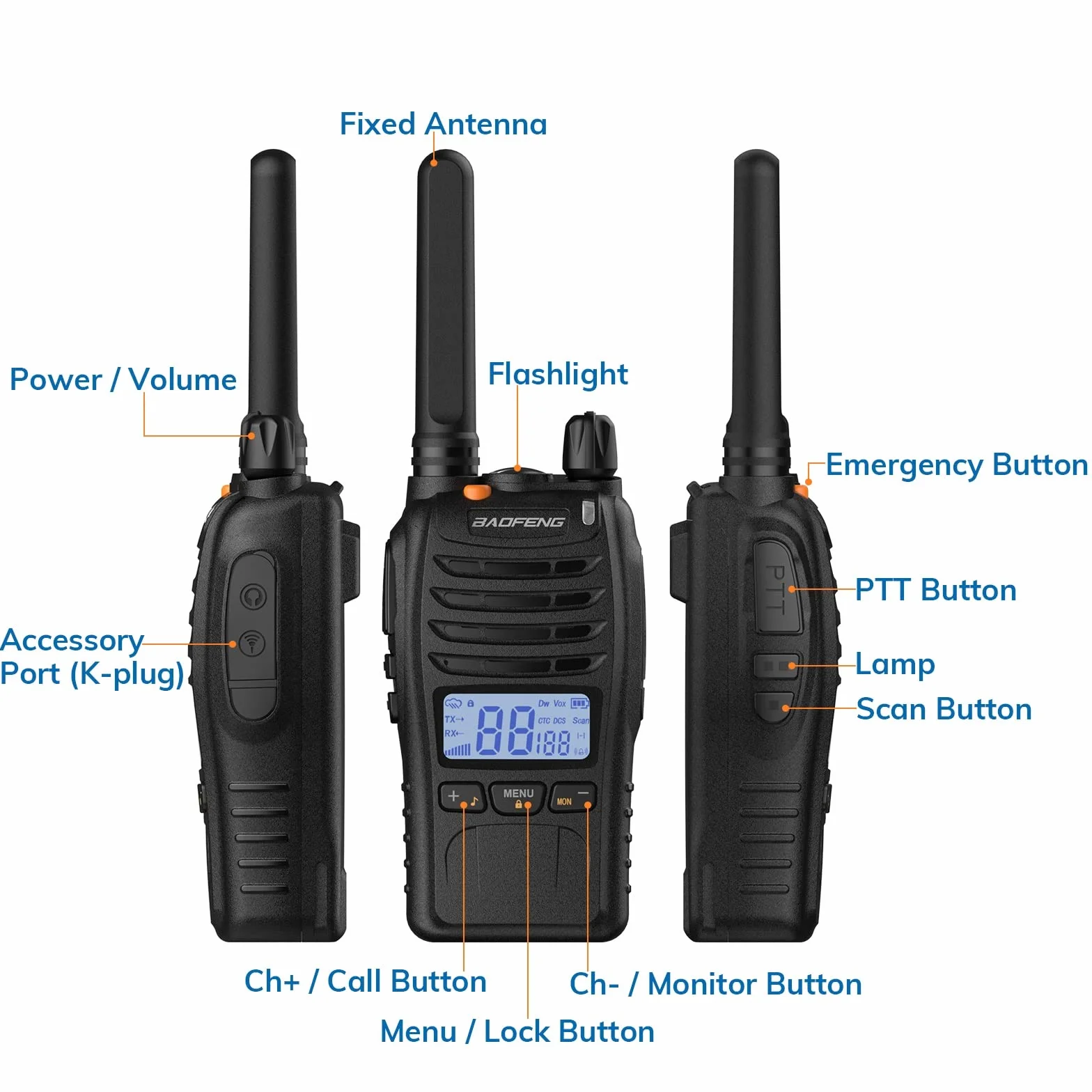 BAOFENG BF-88ST Pro PMR446 Walkie Talkie, ulepszone, dalekiego zasięgu, ładowalne, dwudrożne radia z wyświetlaczem LCD, podwójny zegarek VOX, ładowarka biurkowa i słuchawki, 2 szt