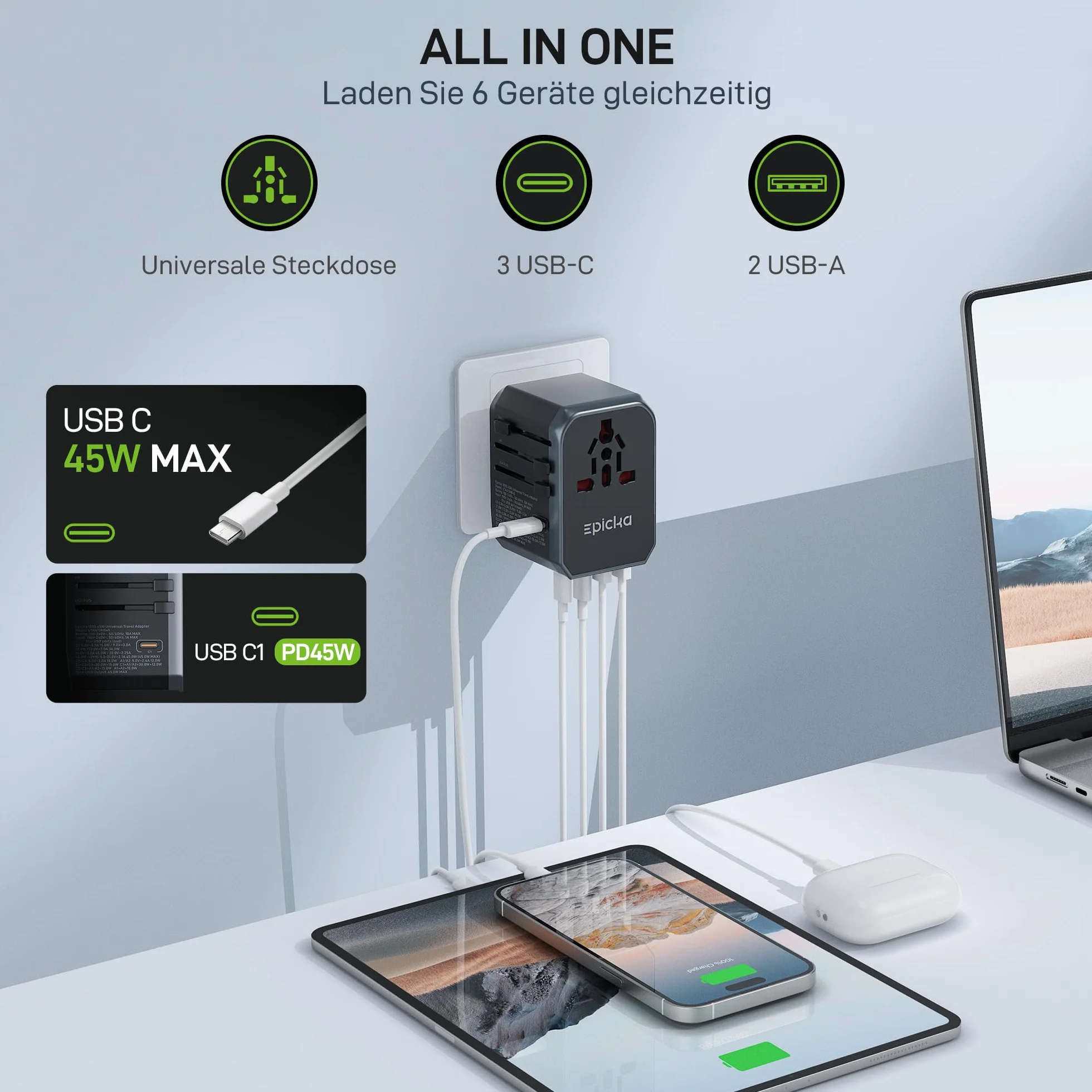 Epicka Uniwersalny adapter podróżny na cały świat PD Fast Charge, 45W szybkie ładowanie adapter podróżny z 3 USB i 2 USB C, uniwersalny dla UE USA UK Tajlandia Australia Adapter podróżny 105s